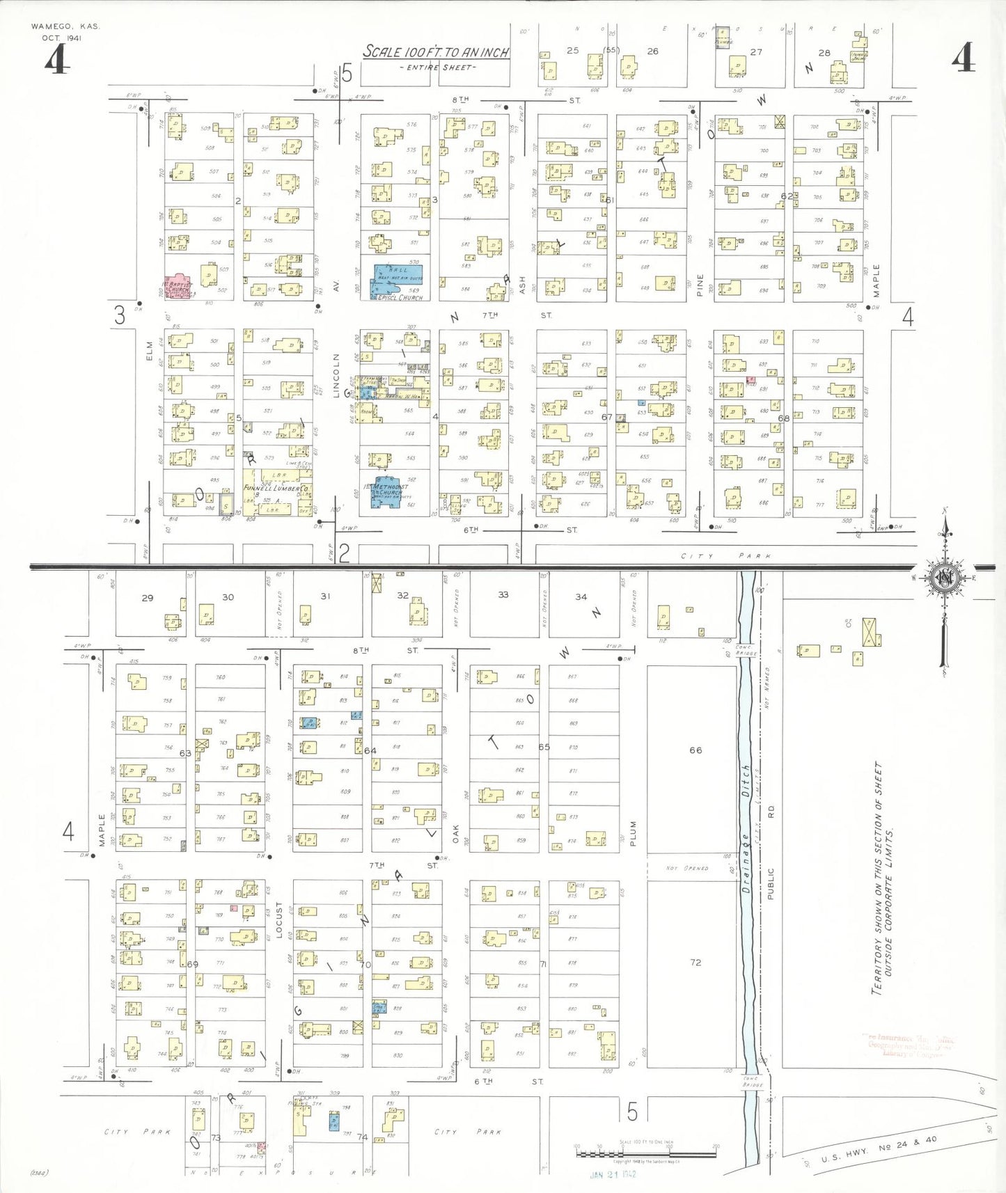 Sanborn Fire Insurance Map from Wamego, Pottawatomie County, Kansas (1941), Sheet #0004 - Historic Sanborn Fire Insurance Map Print, vintage old map wall art, antique decor, genealogy gift, Kansas Kansas map