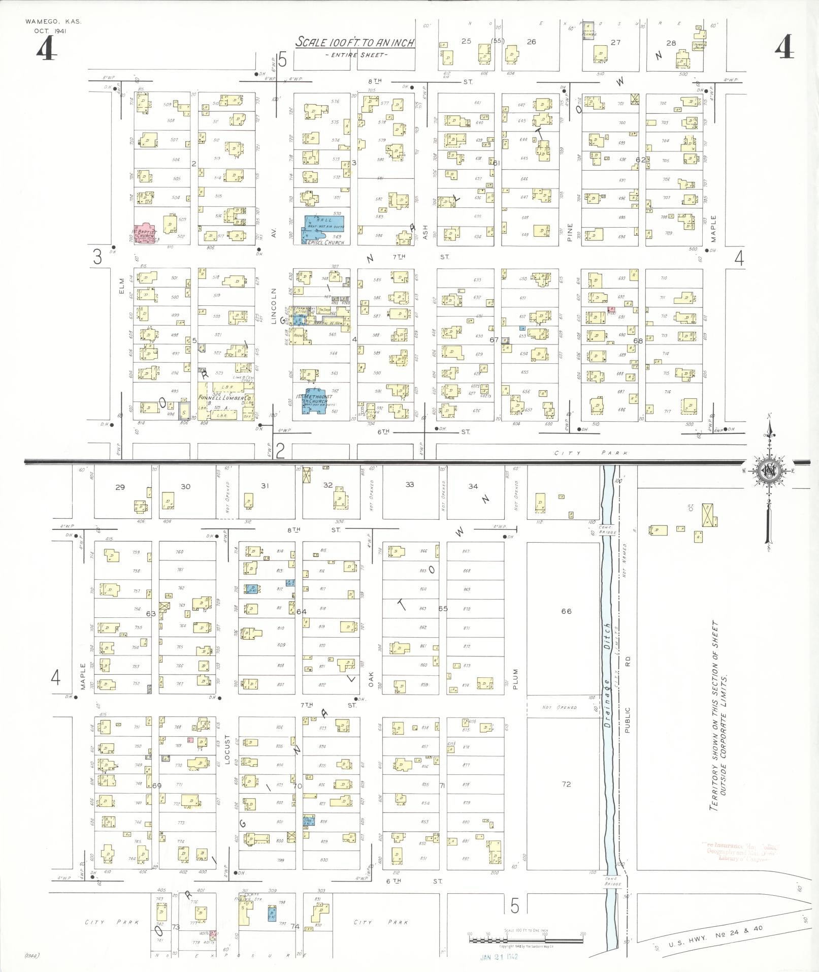 Sanborn Fire Insurance Map from Wamego, Pottawatomie County, Kansas (1941), Sheet #0004 - Historic Sanborn Fire Insurance Map Print, vintage old map wall art, antique decor, genealogy gift, Kansas Kansas map