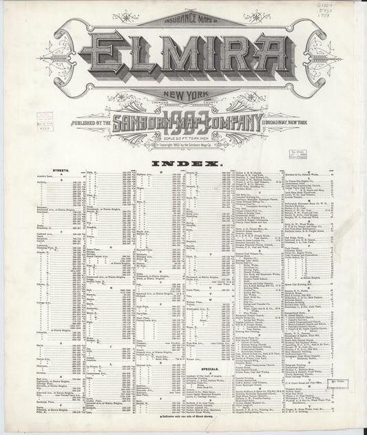 Sanborn Fire Insurance Map from Elmira, Chemung County, New York (1903), Sheet #0001 - Historic Sanborn Fire Insurance Map Print, vintage old map wall art, antique decor, genealogy gift, New York New York map