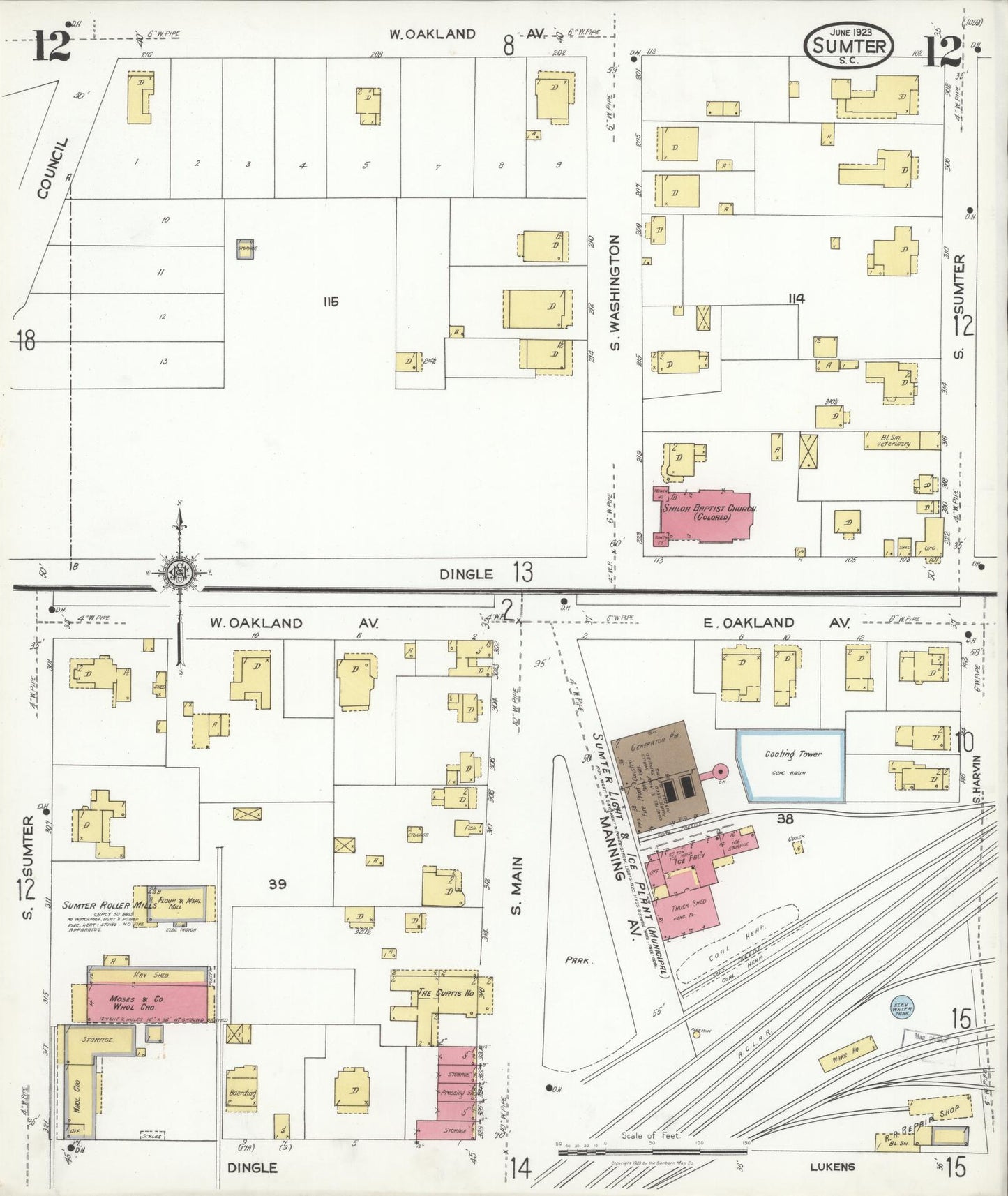Sanborn Fire Insurance Map from Sumter, Sumter County, South Carolina (1923), Sheet #0012 - Historic Sanborn Fire Insurance Map Print, vintage old map wall art, antique decor, genealogy gift, South Carolina South Carolina map