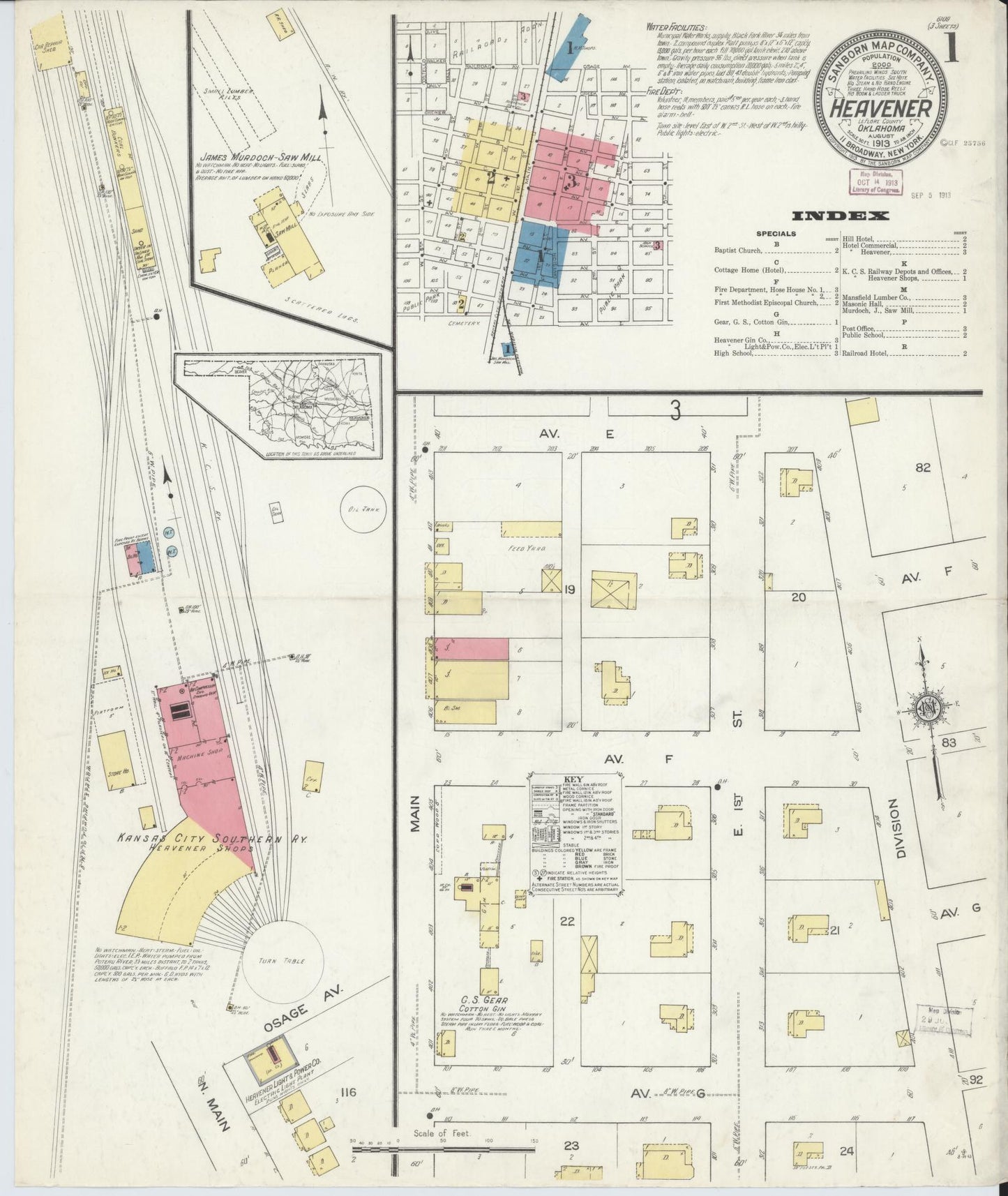 Sanborn Fire Insurance Map from Heavener, Le Flore County, Oklahoma (1913), Sheet #0001 - Historic Sanborn Fire Insurance Map Print, vintage old map wall art, antique decor, genealogy gift, Oklahoma Oklahoma map