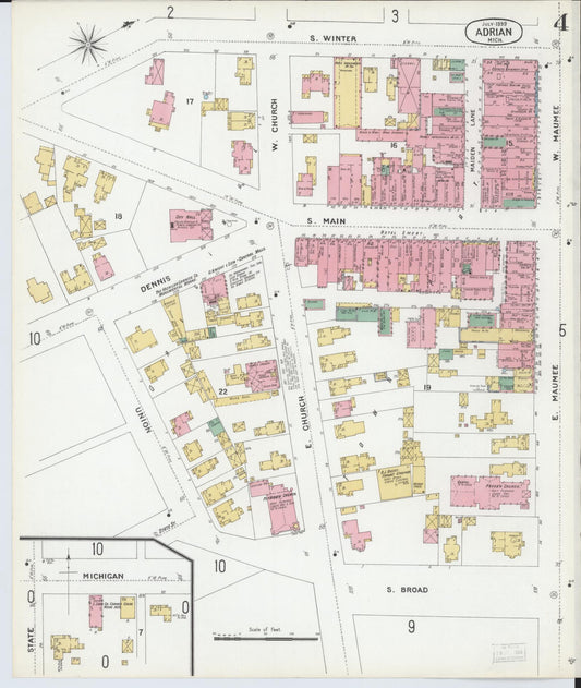 Sanborn Fire Insurance Map from Adrian, Lenawee County, Michigan (1899), Sheet #0004 - Historic Sanborn Fire Insurance Map Print, vintage old map wall art, antique decor, genealogy gift, Michigan Michigan map
