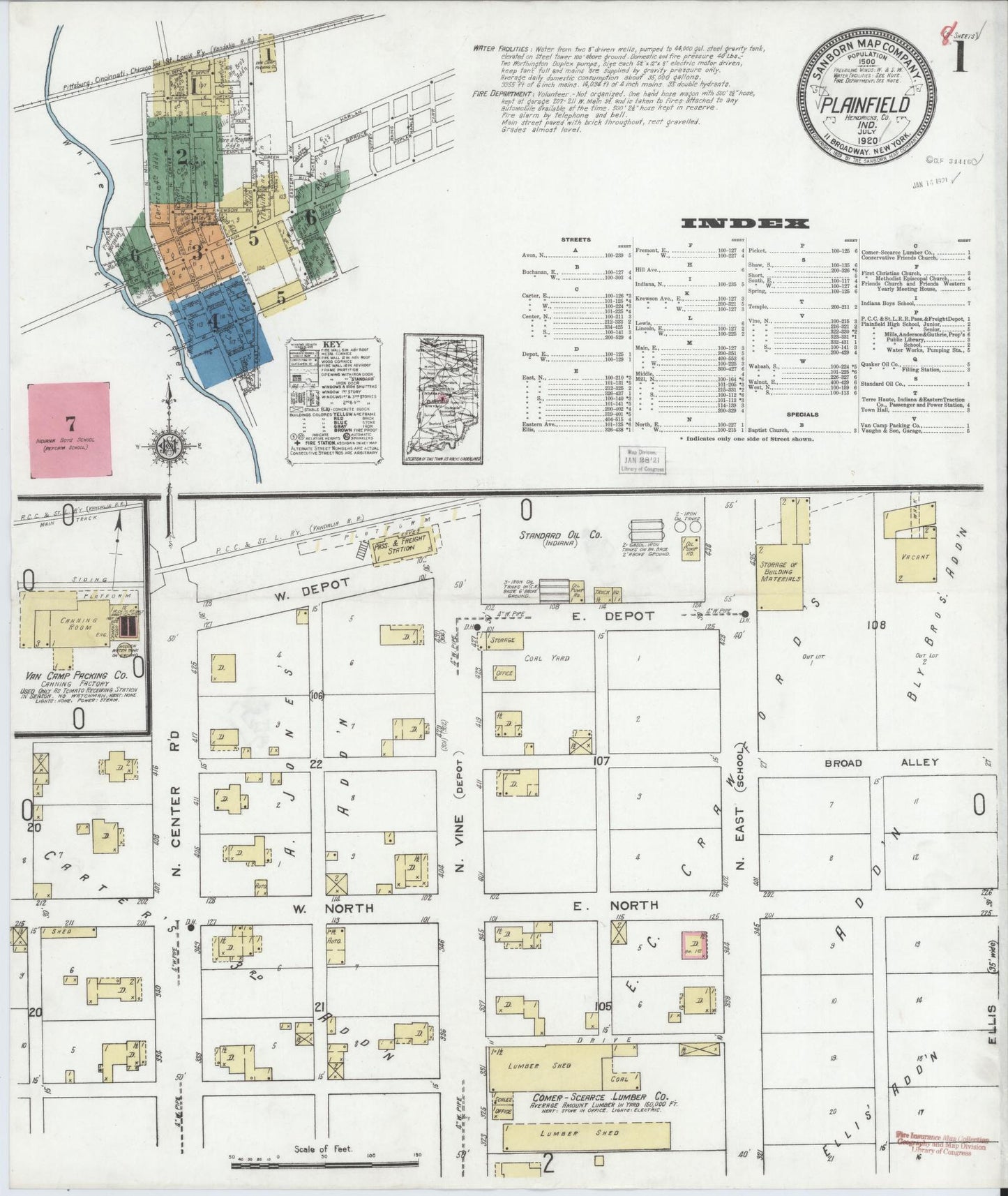 Sanborn Fire Insurance Map from Plainfield, Hendricks County, Indiana (1920), Sheet #0001 - Complete Map Set gallery image, historic Sanborn map, vintage wall art, Indiana Indiana