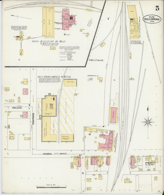 Sanborn Fire Insurance Map from Holly Springs, Marshall County, Mississippi (1902), Sheet #0005 - Historic Sanborn Fire Insurance Map Print, vintage old map wall art, antique decor, genealogy gift, Mississippi Mississippi map