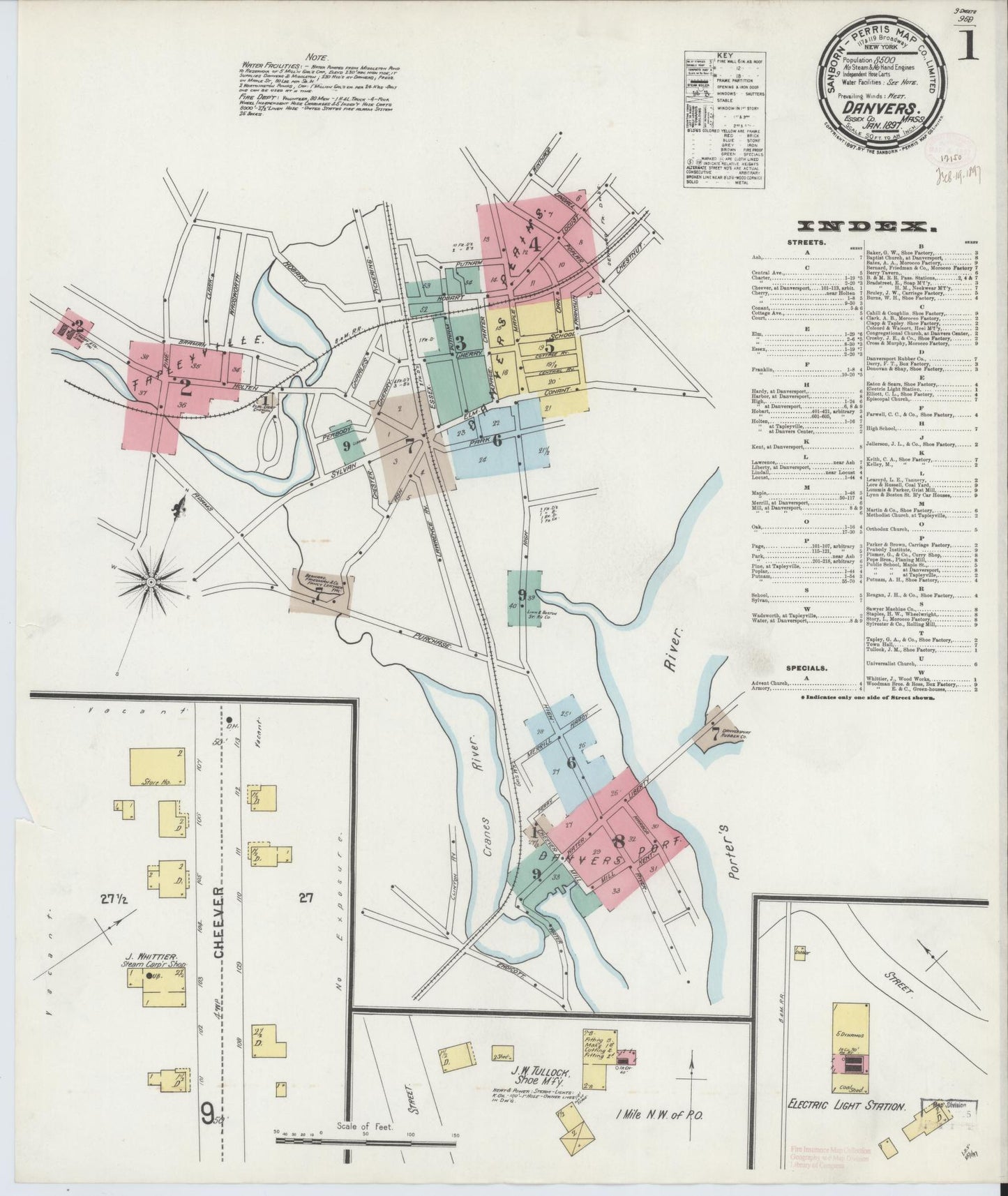 Sanborn Fire Insurance Map from Danvers, Essex County, Massachusetts (1897), Sheet #0001 - Complete Map Set gallery image, historic Sanborn map, vintage wall art, Massachusetts Massachusetts