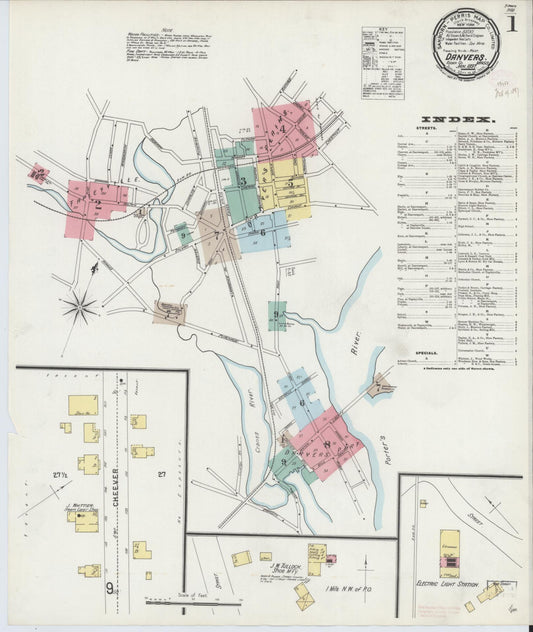 Sanborn Fire Insurance Map from Danvers, Essex County, Massachusetts (1897), Sheet #0001 - Complete Map Set gallery image, historic Sanborn map, vintage wall art, Massachusetts Massachusetts
