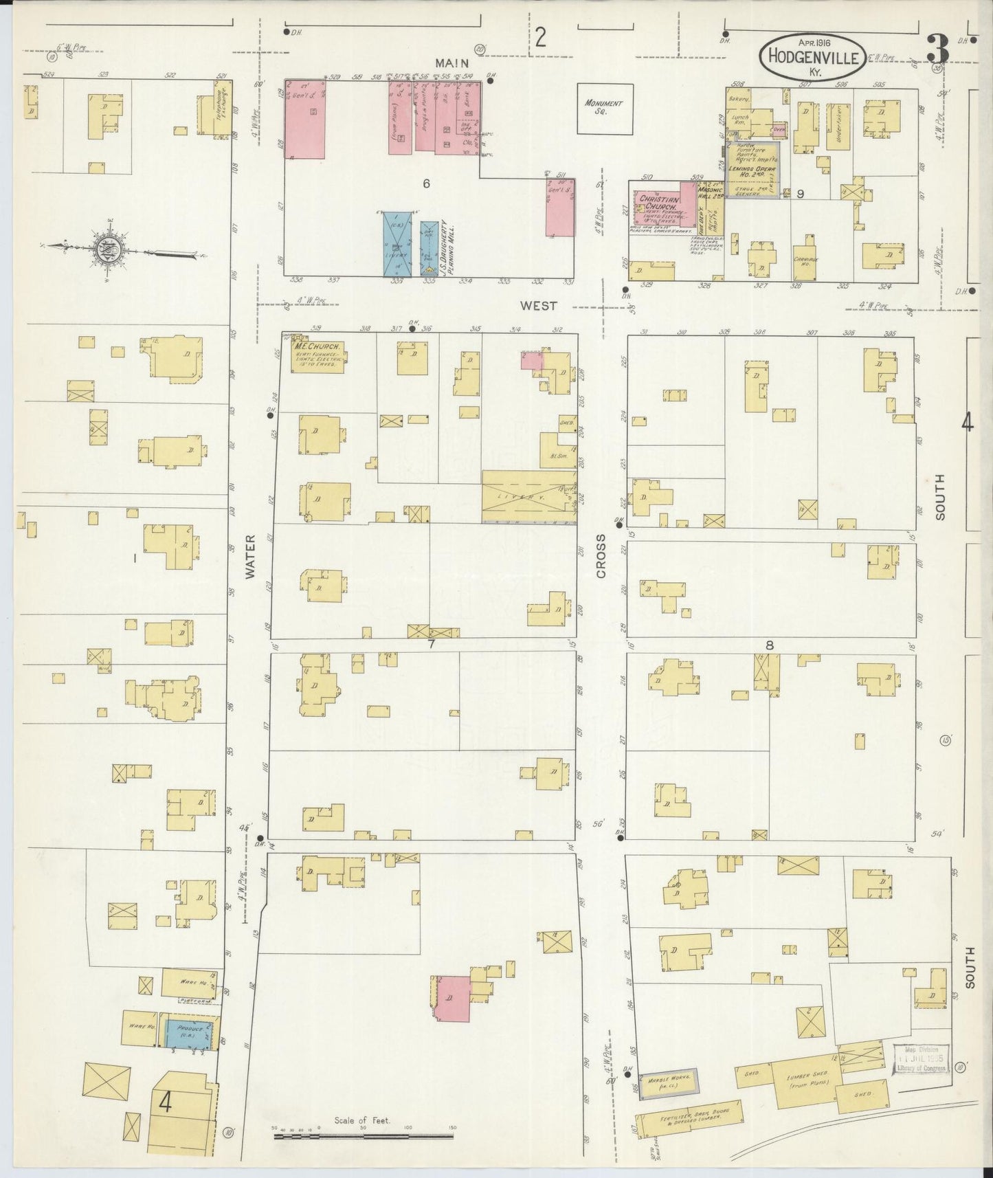 Sanborn Fire Insurance Map from Hodgenville, Larue County, Kentucky (1916), Sheet #0003 - Historic Sanborn Fire Insurance Map Print, vintage old map wall art, antique decor, genealogy gift, Kentucky Kentucky map