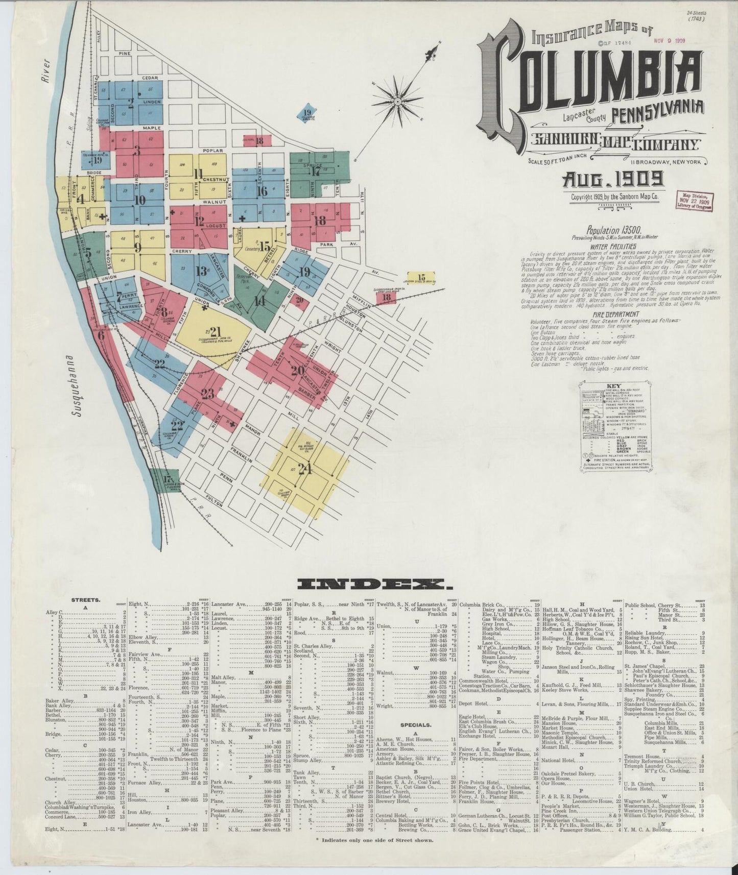 Sanborn Fire Insurance Map from Columbia, Lancaster County, Pennsylvania (1909), Sheet #0001 - Historic Sanborn Fire Insurance Map Print, vintage old map wall art, antique decor, genealogy gift, Pennsylvania Pennsylvania map
