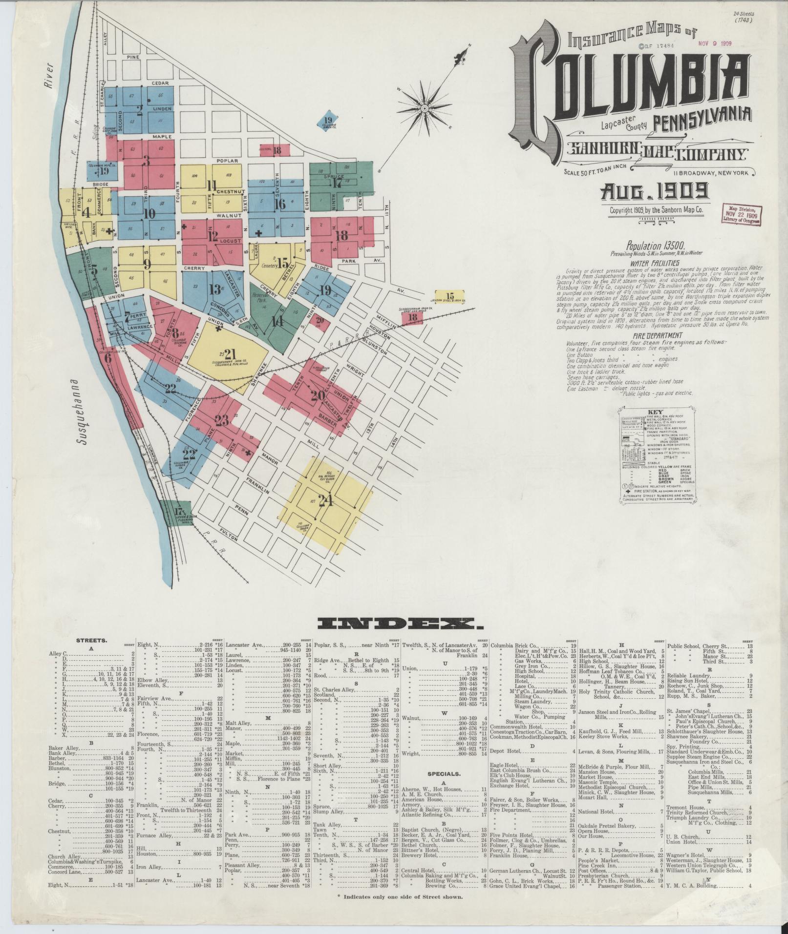 Sanborn Fire Insurance Map from Columbia, Lancaster County, Pennsylvania (1909), Sheet #0001 - Historic Sanborn Fire Insurance Map Print, vintage old map wall art, antique decor, genealogy gift, Pennsylvania Pennsylvania map