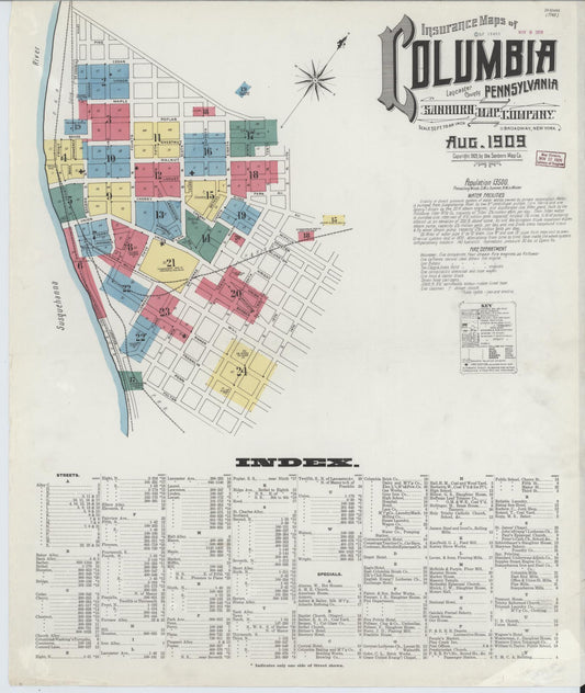 Sanborn Fire Insurance Map from Columbia, Lancaster County, Pennsylvania (1909), Sheet #0001 - Historic Sanborn Fire Insurance Map Print, vintage old map wall art, antique decor, genealogy gift, Pennsylvania Pennsylvania map