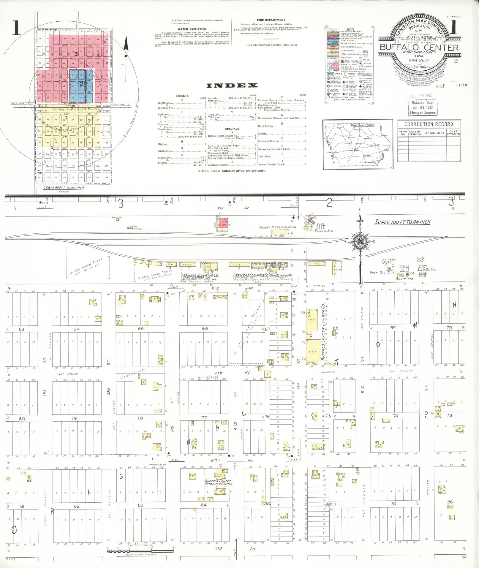 Sanborn Fire Insurance Map from Buffalo Center, Winnebago County, Iowa (1942), Sheet #0001 - Historic Sanborn Fire Insurance Map Print, vintage old map wall art
