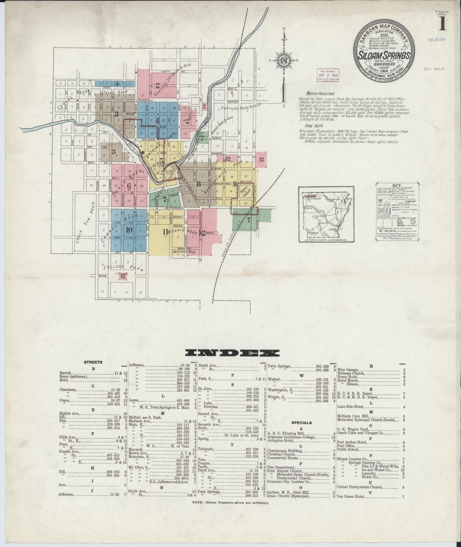 Sanborn Fire Insurance Map from Siloam Springs, Benton County, Arkansas (1914), Sheet #0001 - Historic Sanborn Fire Insurance Map Print, vintage old map wall art, antique decor, genealogy gift, Arkansas Arkansas map