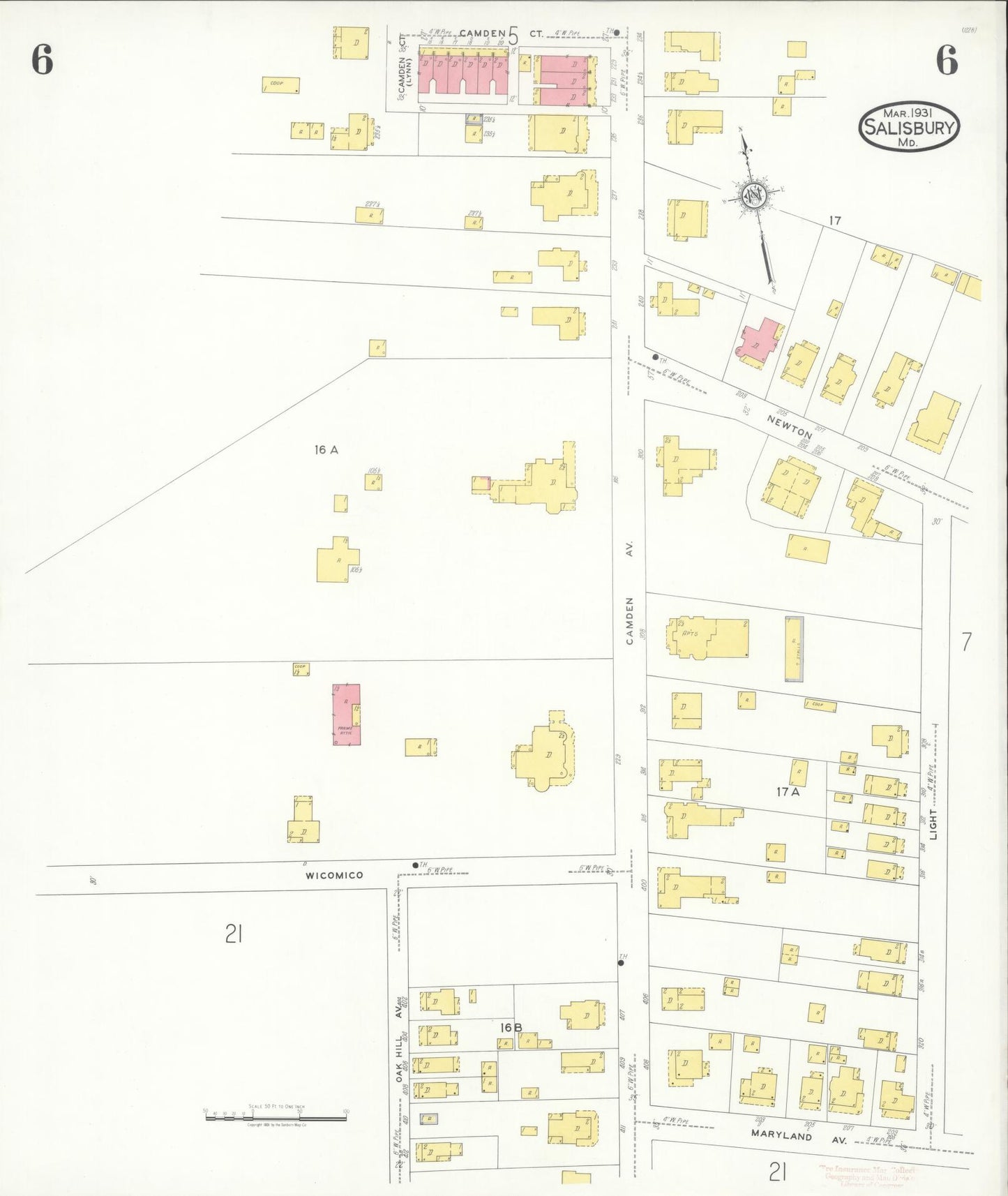 Sanborn Fire Insurance Map from Salisbury, Wicomico County, Maryland (1931), Sheet #0006 - Complete Map Set gallery image, historic Sanborn map, vintage wall art, Maryland Maryland