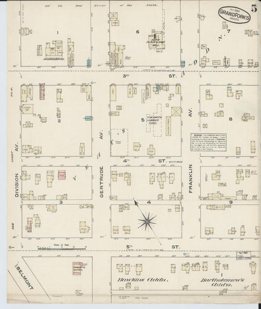 Sanborn Fire Insurance Map from Grand Forks, Grand Forks County, North Dakota (1884), Sheet #0005 - Historic Sanborn Fire Insurance Map Print, vintage old map wall art, antique decor, genealogy gift, North Dakota North Dakota map