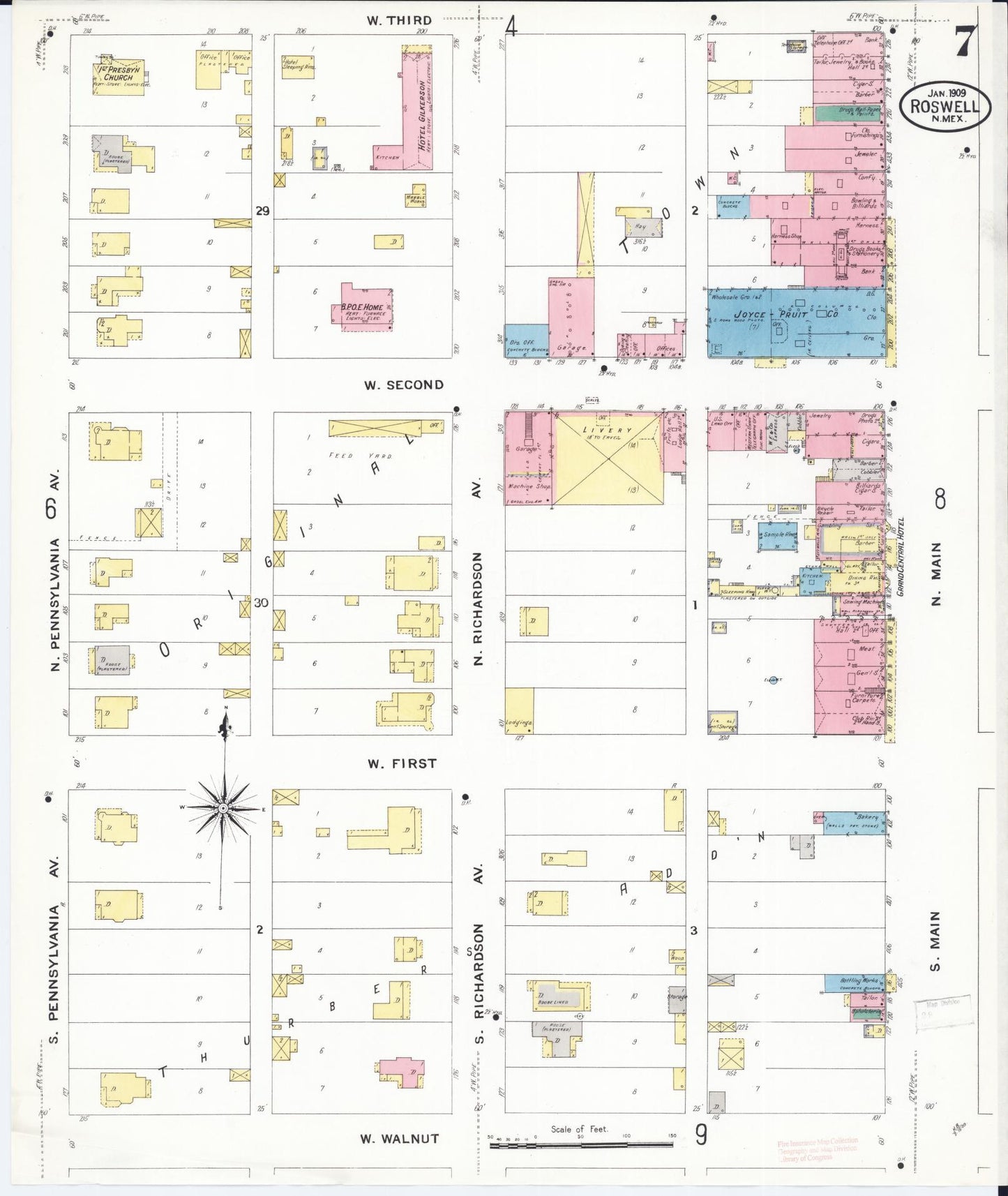 Sanborn Fire Insurance Map from Roswell, Chaves County, New Mexico (1909), Sheet #0007 - Complete Map Set gallery image, historic Sanborn map, vintage wall art, New Mexico New Mexico