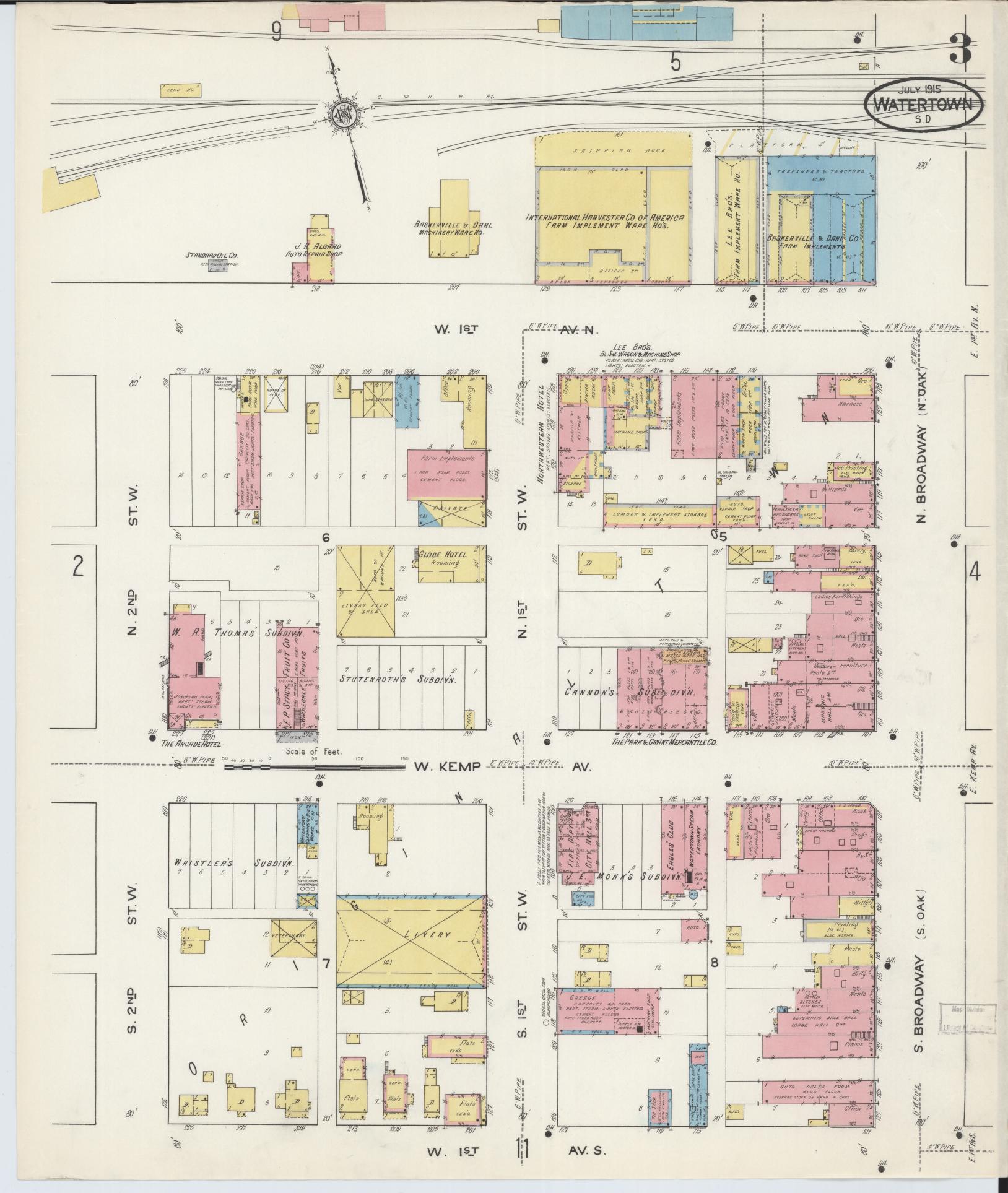 Sanborn Fire Insurance Map from Watertown, Codington County, South Dakota (1915), Sheet #0003 - Complete Map Set gallery image, historic Sanborn map, vintage wall art, South Dakota South Dakota