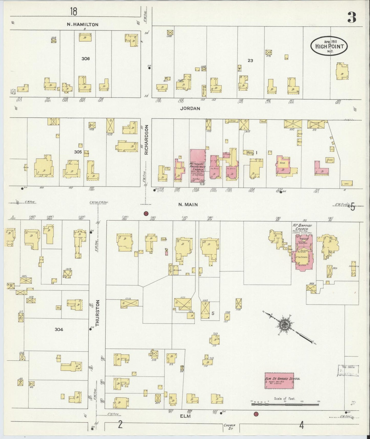 Sanborn Fire Insurance Map from High Point, Guilford County, North Carolina (1911), Sheet #0003 - Complete Map Set gallery image, historic Sanborn map, vintage wall art, North Carolina North Carolina