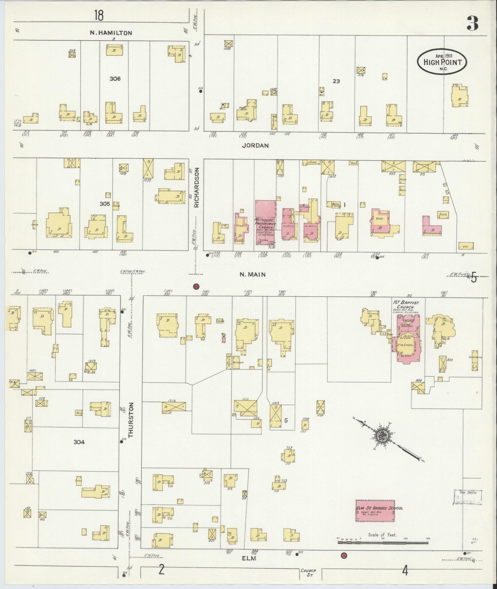 Sanborn Fire Insurance Map from High Point, Guilford County, North Carolina (1911), Sheet #0003 - Complete Map Set gallery image, historic Sanborn map, vintage wall art, North Carolina North Carolina