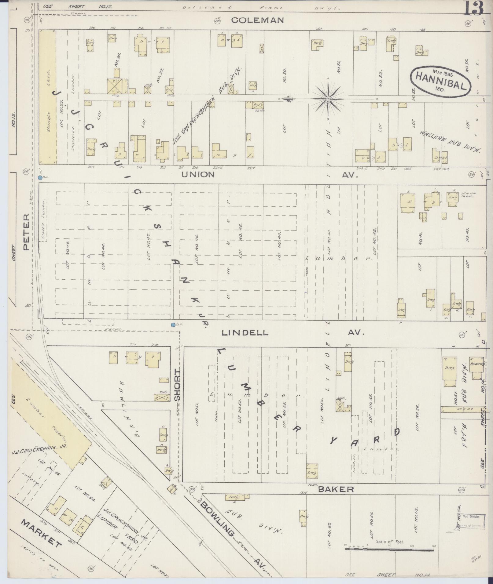 Sanborn Fire Insurance Map from Hannibal, Marion County, Missouri (1885), Sheet #0013 - Historic Sanborn Fire Insurance Map Print, vintage old map wall art, antique decor, genealogy gift, Missouri Missouri map