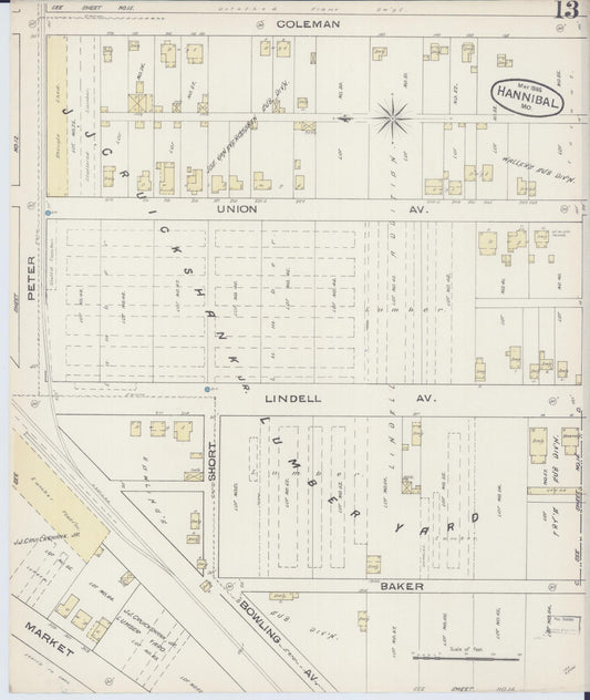 Sanborn Fire Insurance Map from Hannibal, Marion County, Missouri (1885), Sheet #0013 - Historic Sanborn Fire Insurance Map Print, vintage old map wall art, antique decor, genealogy gift, Missouri Missouri map