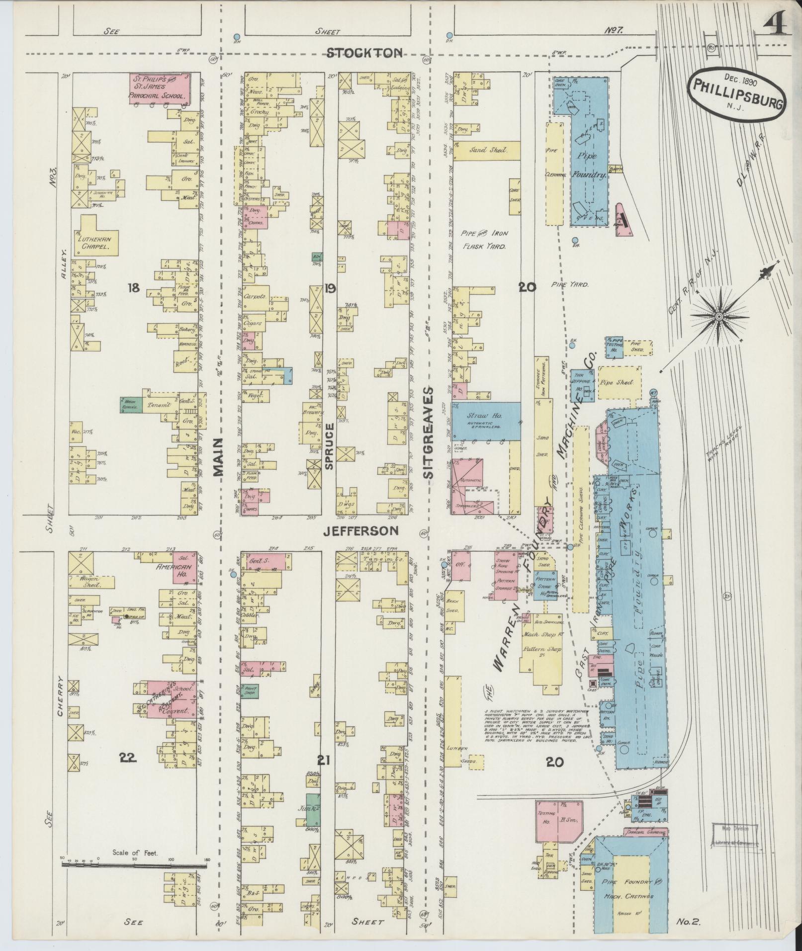 Sanborn Fire Insurance Map from Phillipsburg, Warren County, New Jersey (1890), Sheet #0004 - Historic Sanborn Fire Insurance Map Print, vintage old map wall art, antique decor, genealogy gift, New Jersey New Jersey map
