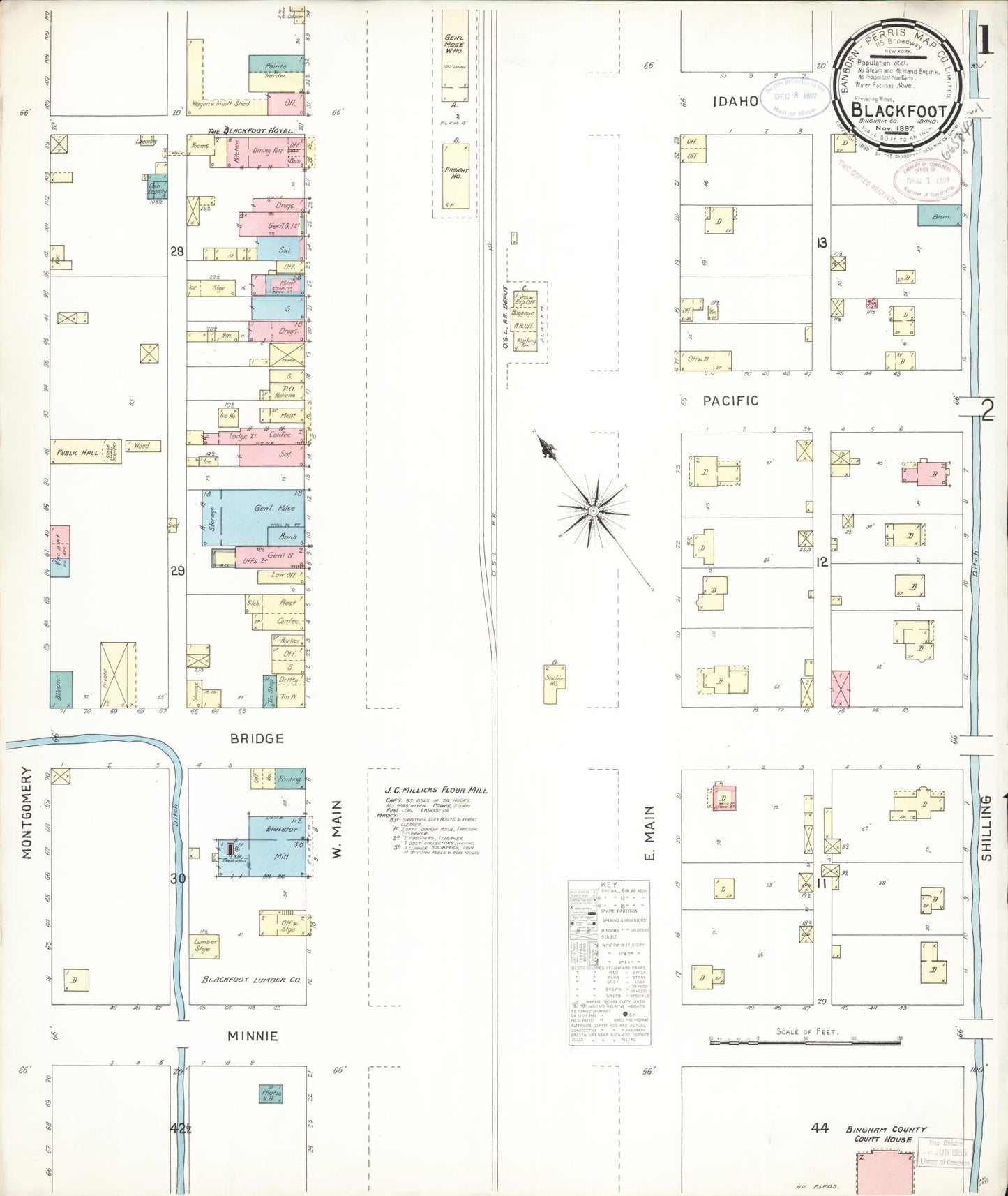 Sanborn Fire Insurance Map from Blackfoot, Bingham County, Idaho (1897), Sheet #0001 - Historic Sanborn Fire Insurance Map Print, vintage old map wall art, antique decor, genealogy gift, Idaho Idaho map
