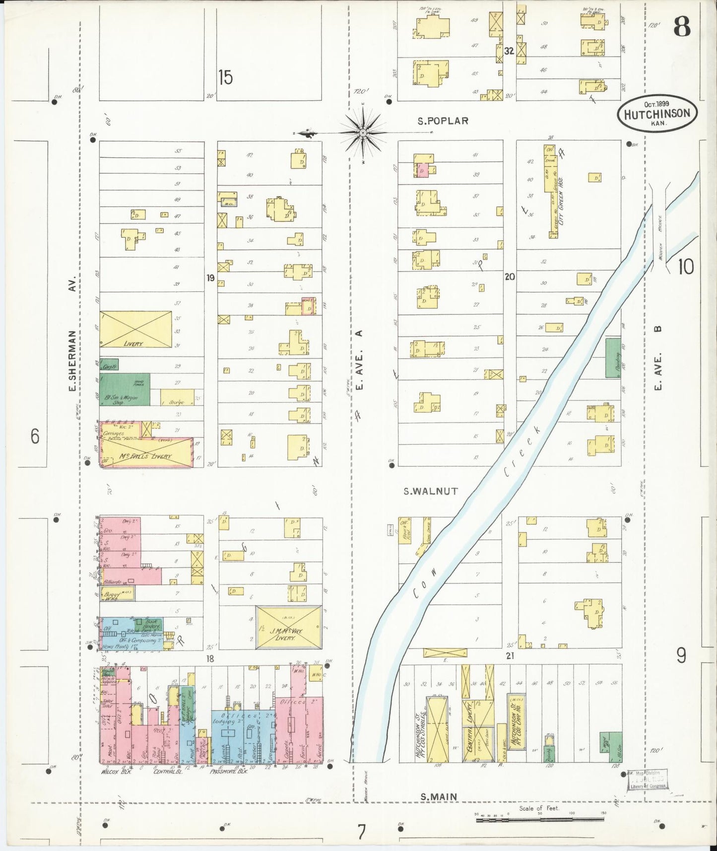 Sanborn Fire Insurance Map from Hutchinson, Reno County, Kansas (1899), Sheet #0008 - Historic Sanborn Fire Insurance Map Print, vintage old map wall art, antique decor, genealogy gift, Kansas Kansas map