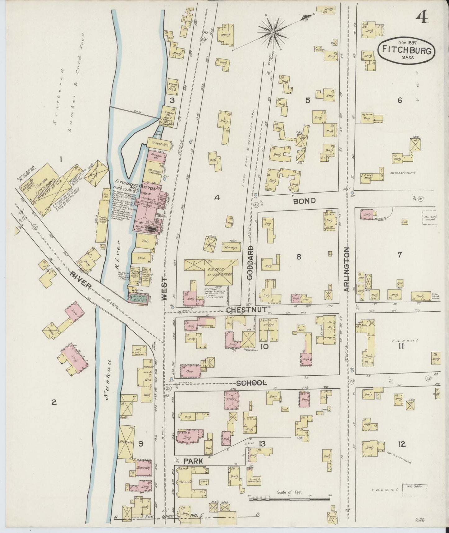 Sanborn Fire Insurance Map from Fitchburg, Worcester County, Massachusetts (1887), Sheet #0004 - Complete Map Set gallery image, historic Sanborn map, vintage wall art, Massachusetts Massachusetts