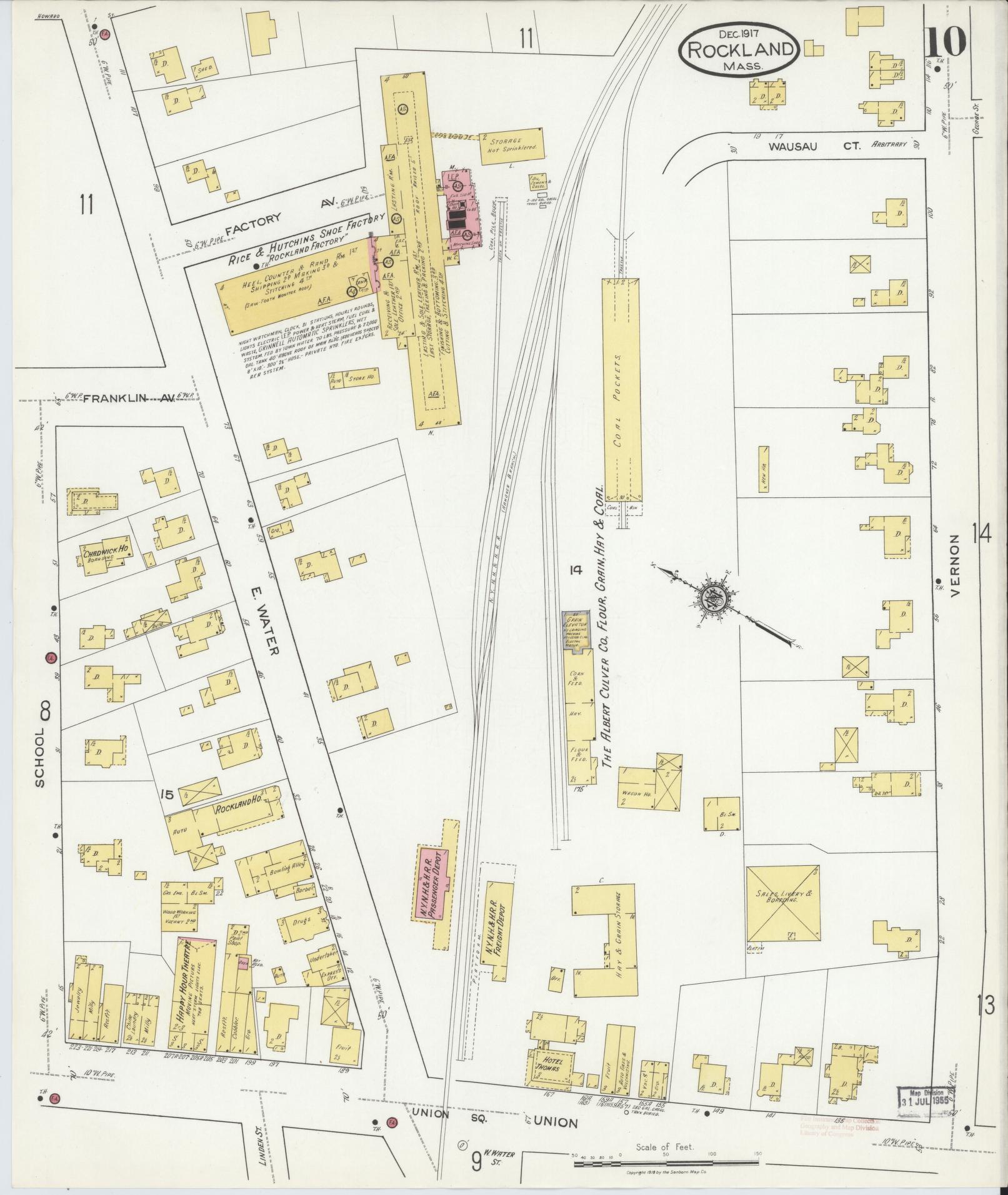 Sanborn Fire Insurance Map from Rockland, Plymouth County, Massachusetts (1917), Sheet #0010 - Complete Map Set gallery image, historic Sanborn map, vintage wall art, Massachusetts Massachusetts