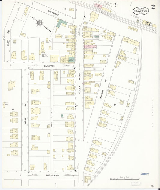 Sanborn Fire Insurance Map from Clayton, Kent County, Delaware (1910), Sheet #0002 - Historic Sanborn Fire Insurance Map Print, vintage old map wall art, antique decor, genealogy gift, Delaware Delaware map