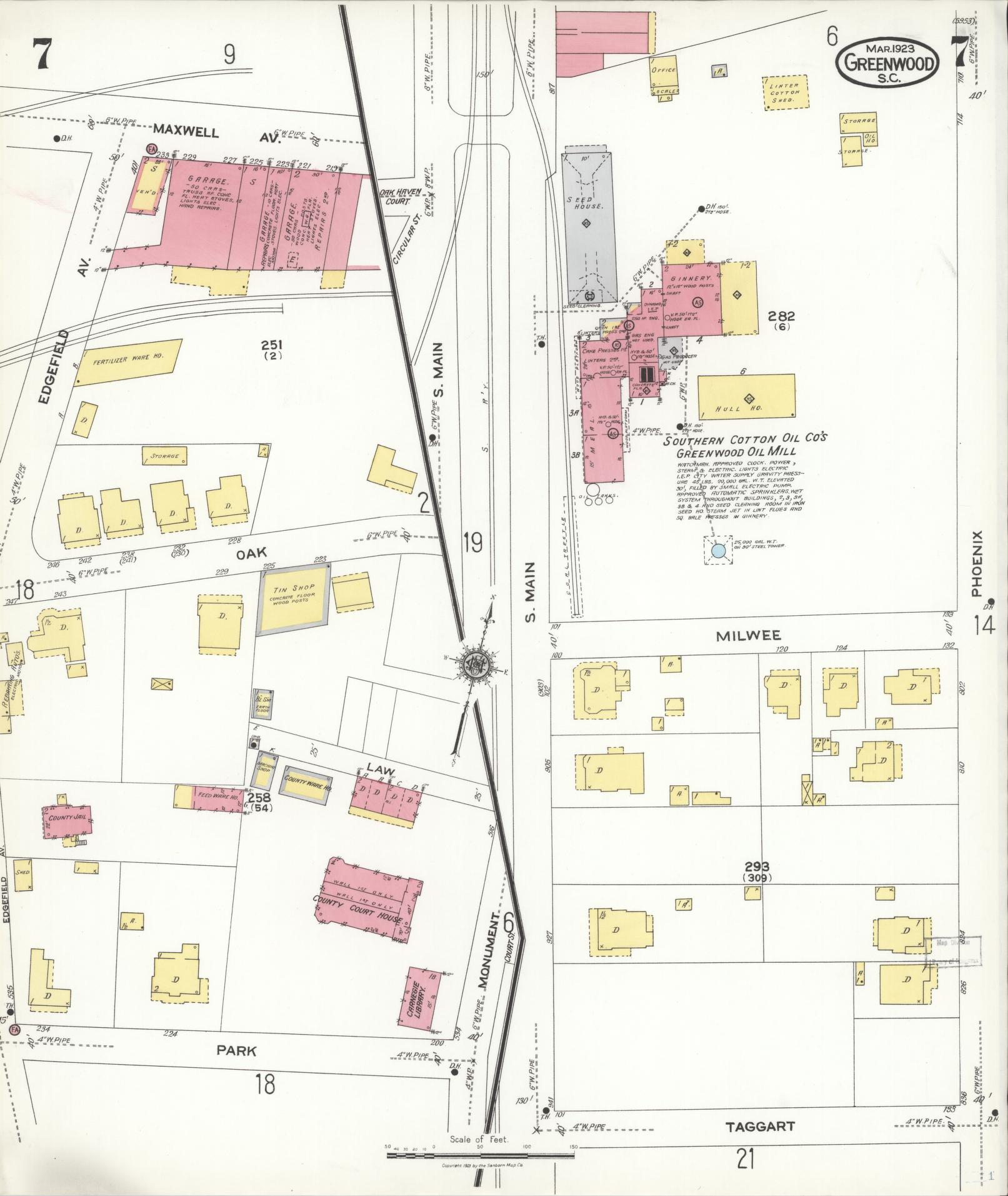 Sanborn Fire Insurance Map from Greenwood, Greenwood County, South Carolina (1923), Sheet #0007 - Historic Sanborn Fire Insurance Map Print, vintage old map wall art, antique decor, genealogy gift, South Carolina South Carolina map