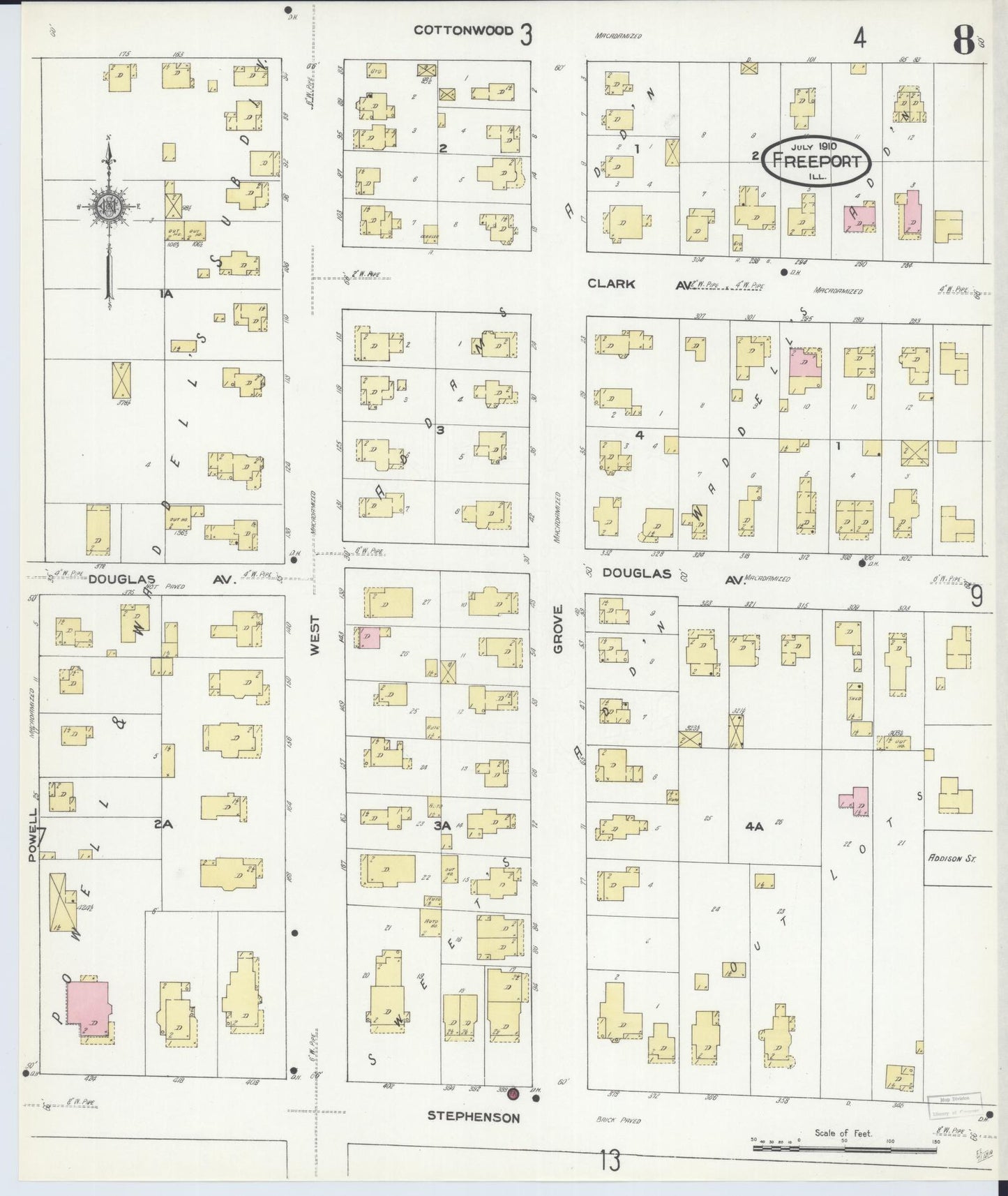 Sanborn Fire Insurance Map from Freeport, Stephenson County, Illinois (1910), Sheet #0008 - Historic Sanborn Fire Insurance Map Print, vintage old map wall art, antique decor, genealogy gift, Illinois Illinois map