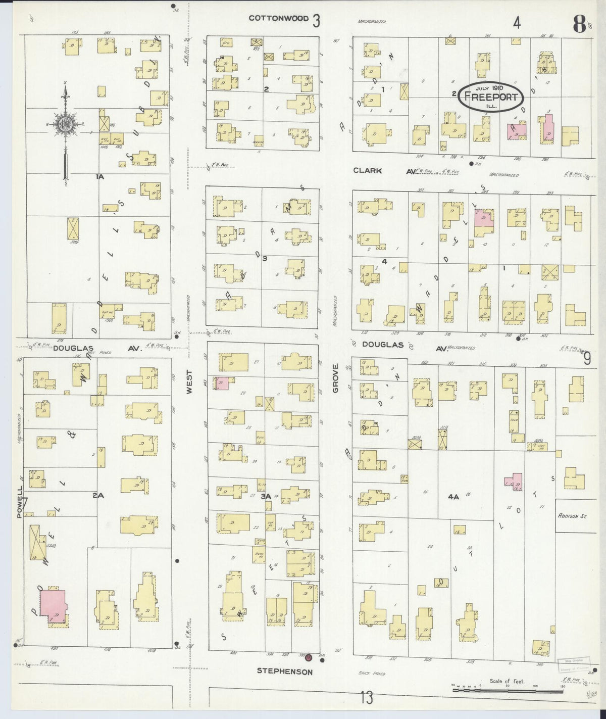 Sanborn Fire Insurance Map from Freeport, Stephenson County, Illinois (1910), Sheet #0008 - Historic Sanborn Fire Insurance Map Print, vintage old map wall art, antique decor, genealogy gift, Illinois Illinois map