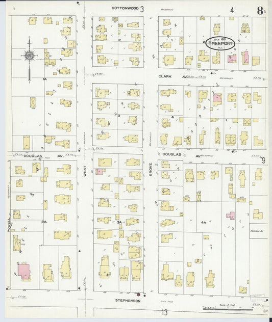 Sanborn Fire Insurance Map from Freeport, Stephenson County, Illinois (1910), Sheet #0008 - Historic Sanborn Fire Insurance Map Print, vintage old map wall art, antique decor, genealogy gift, Illinois Illinois map