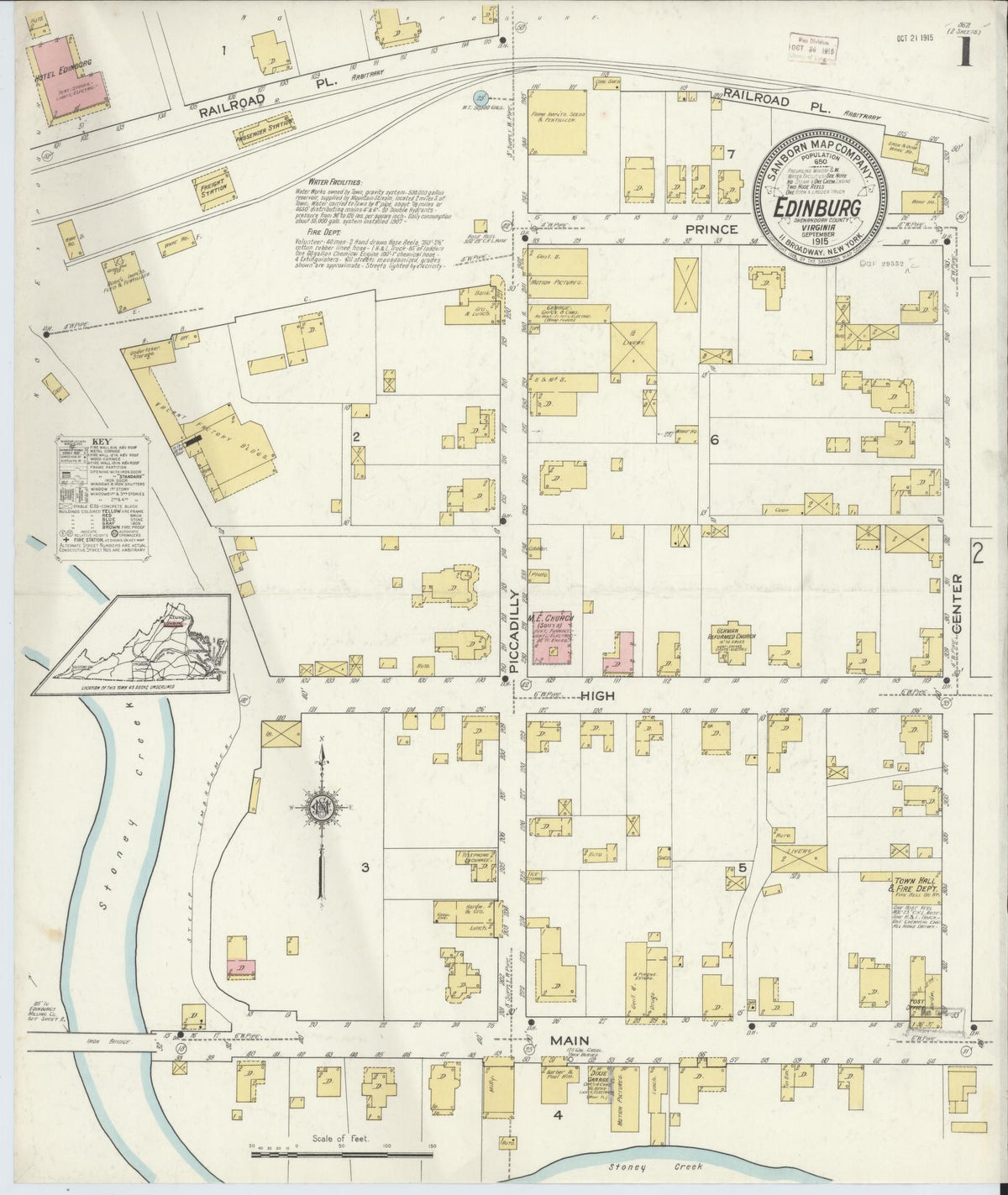Sanborn Fire Insurance Map from Edinburg, Shenandoah County, Virginia (1915), Sheet #0001 - Complete Map Set gallery image, historic Sanborn map, vintage wall art, Virginia Virginia