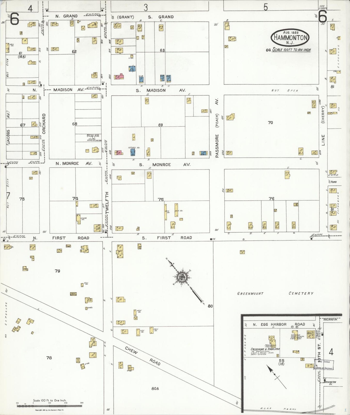 Sanborn Fire Insurance Map from Hammonton, Atlantic County, New Jersey (1923), Sheet #0006 - Historic Sanborn Fire Insurance Map Print, vintage old map wall art, antique decor, genealogy gift, New Jersey New Jersey map