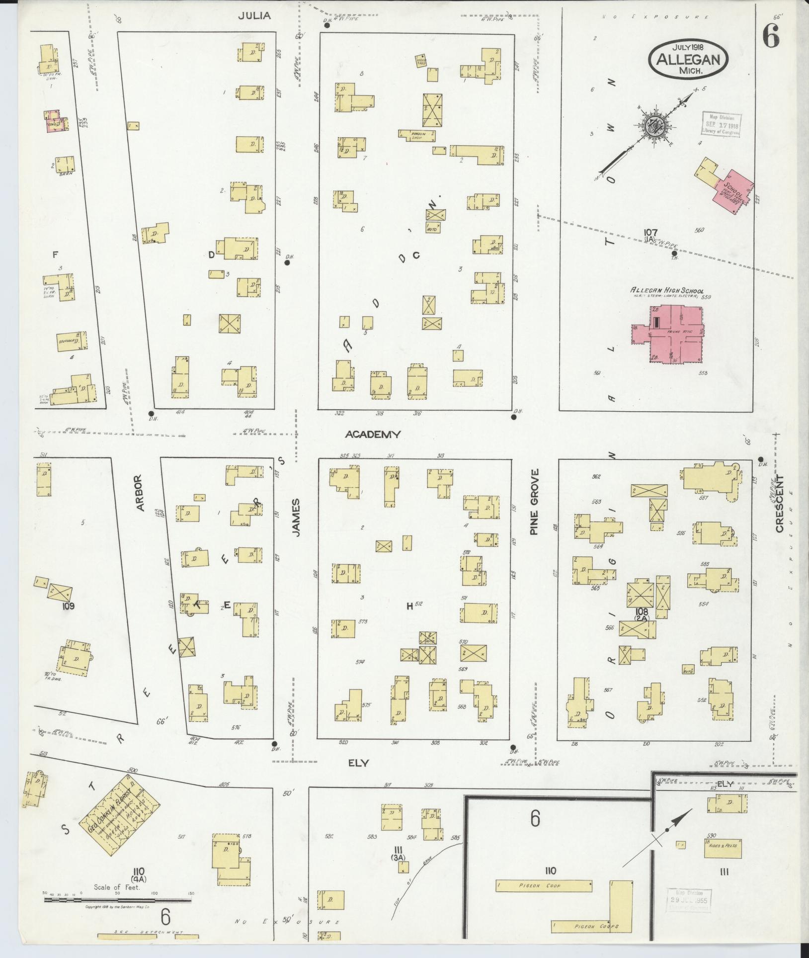 Sanborn Fire Insurance Map from Allegan, Allegan County, Michigan (1918), Sheet #0006 - Complete Map Set gallery image, historic Sanborn map, vintage wall art, Michigan Michigan
