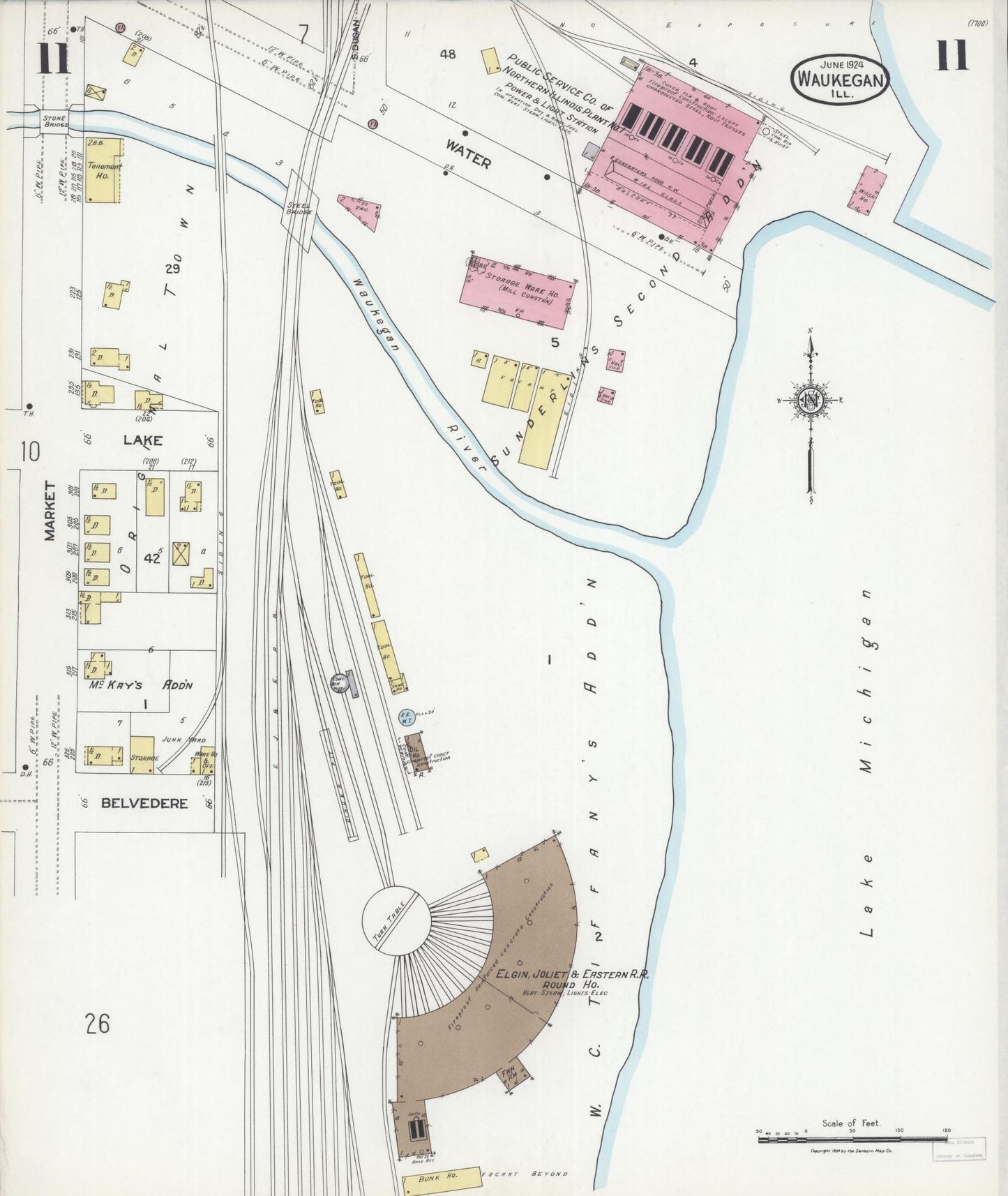 Sanborn Fire Insurance Map from Waukegan, Lake County, Illinois (1924), Sheet #0011 - Complete Map Set gallery image, historic Sanborn map, vintage wall art, Illinois Illinois