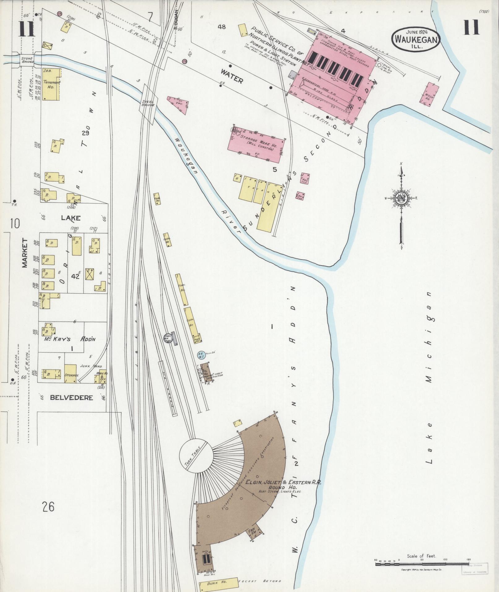 Sanborn Fire Insurance Map from Waukegan, Lake County, Illinois (1924), Sheet #0011 - Complete Map Set gallery image, historic Sanborn map, vintage wall art, Illinois Illinois