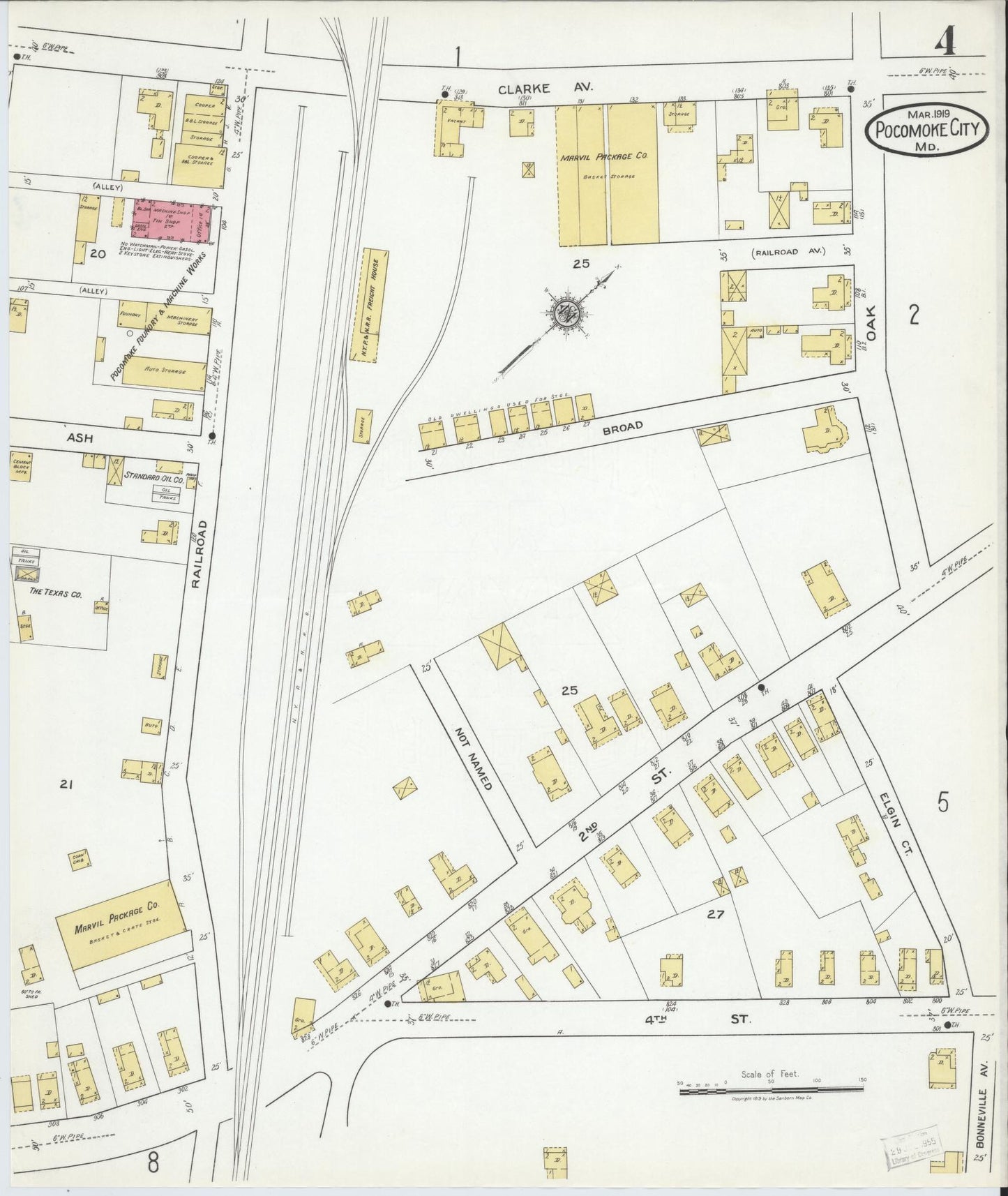 Sanborn Fire Insurance Map from Pocomoke City, Worcester County, Maryland (1919), Sheet #0004 - Historic Sanborn Fire Insurance Map Print, vintage old map wall art