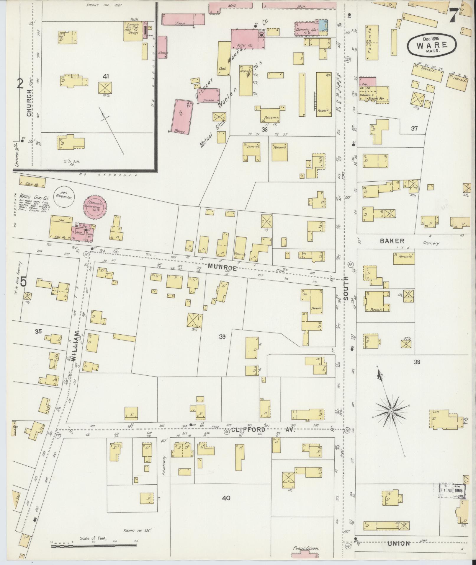 Sanborn Fire Insurance Map from Ware, Hampshire County, Massachusetts (1896), Sheet #0007 - Historic Sanborn Fire Insurance Map Print, vintage old map wall art, antique decor, genealogy gift, Massachusetts Massachusetts map