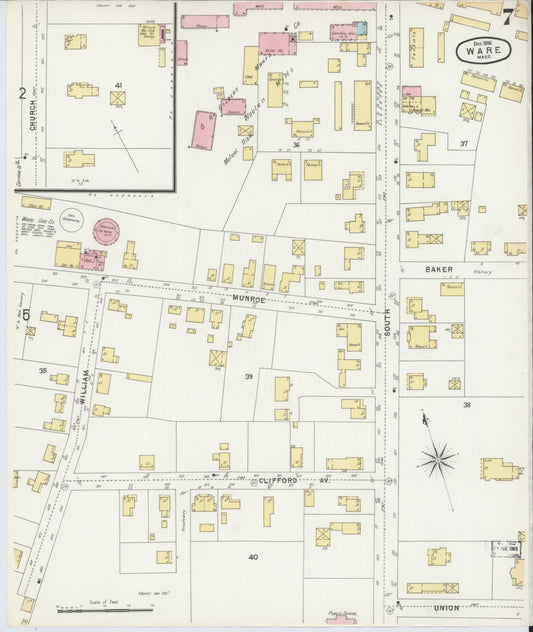 Sanborn Fire Insurance Map from Ware, Hampshire County, Massachusetts (1896), Sheet #0007 - Historic Sanborn Fire Insurance Map Print, vintage old map wall art, antique decor, genealogy gift, Massachusetts Massachusetts map
