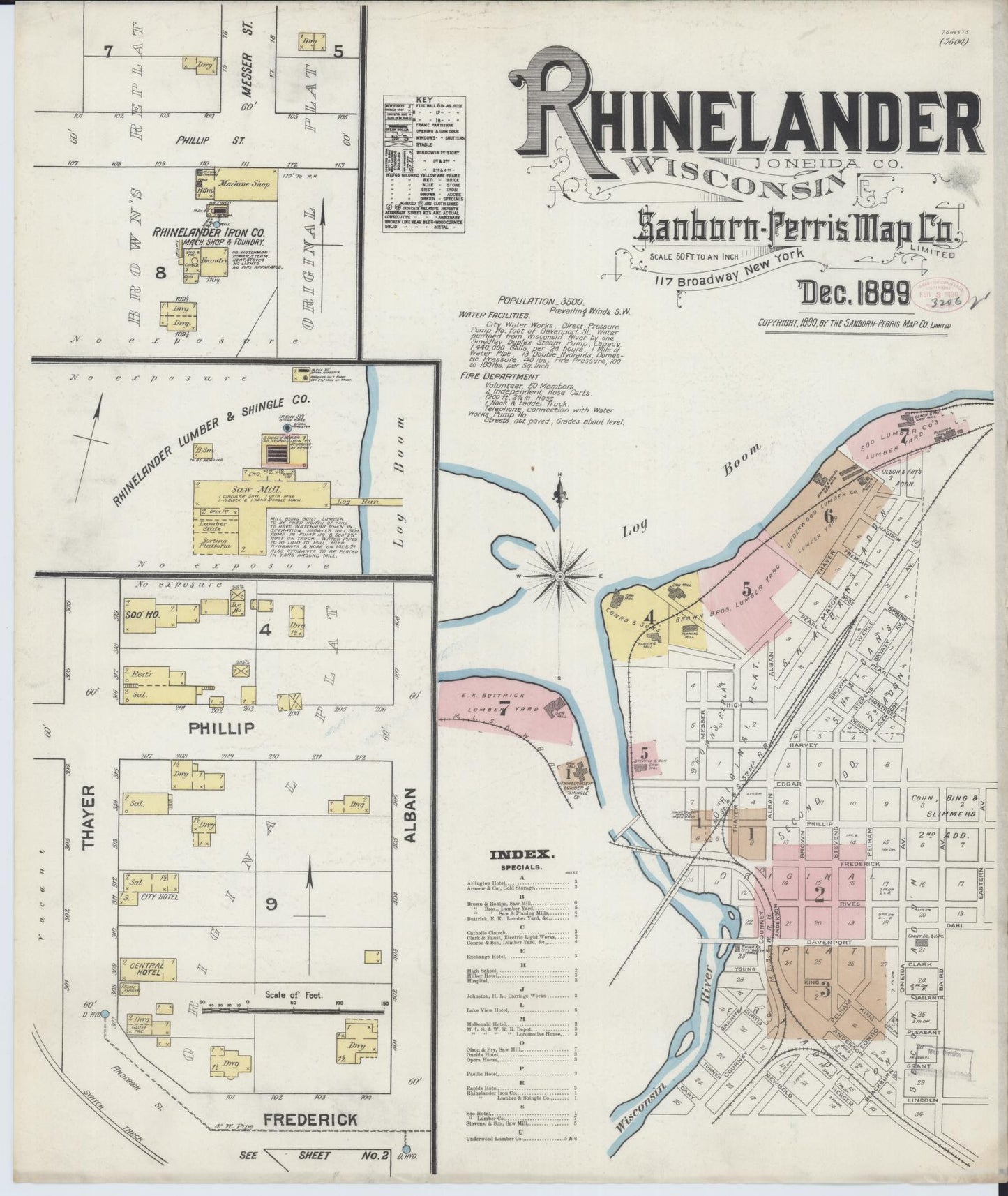 Sanborn Fire Insurance Map from Rhinelander, Oneida County, Wisconsin (1889), Sheet #0001 - Complete Map Set gallery image, historic Sanborn map, vintage wall art, Wisconsin Wisconsin