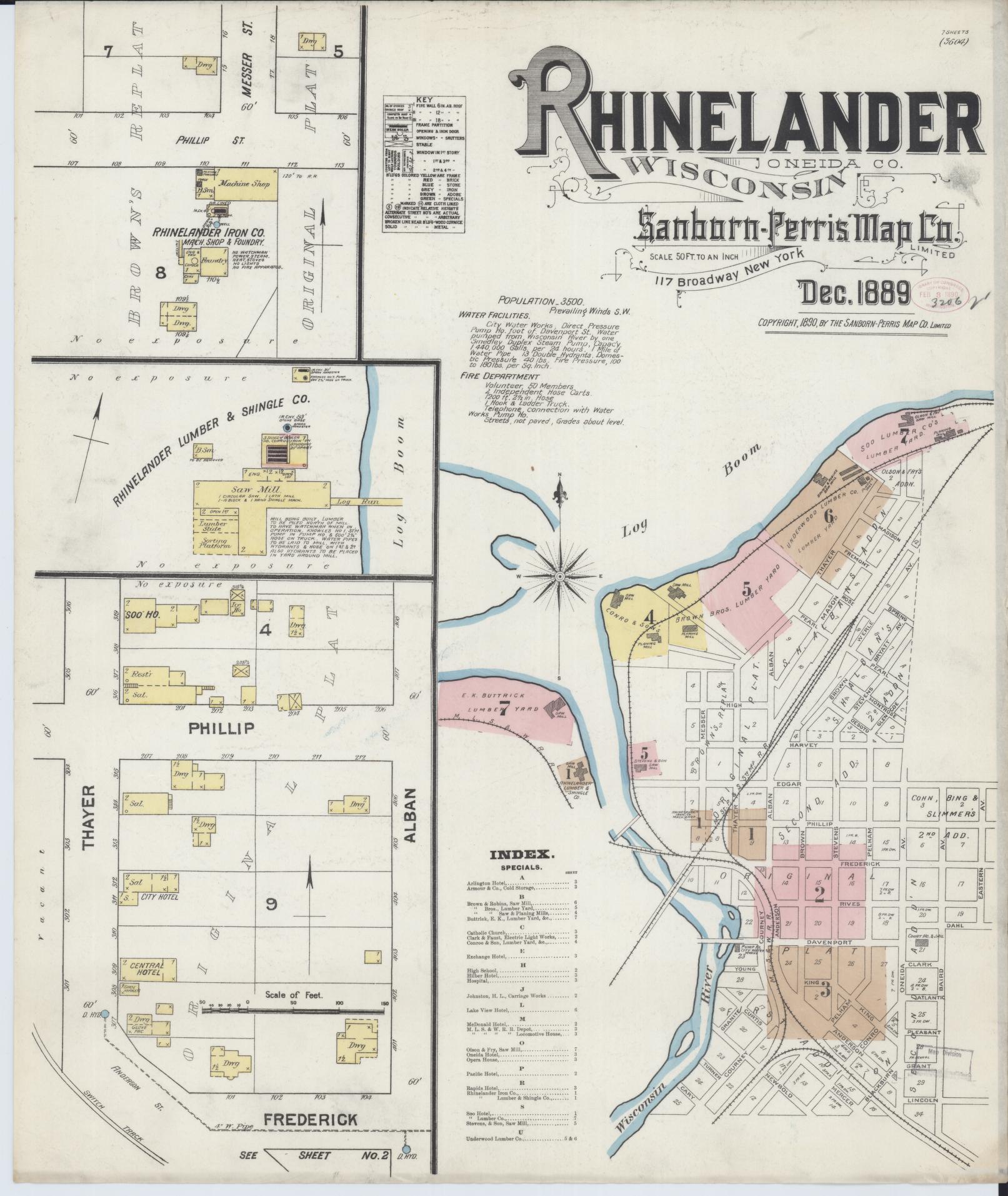 Sanborn Fire Insurance Map from Rhinelander, Oneida County, Wisconsin (1889), Sheet #0001 - Complete Map Set gallery image, historic Sanborn map, vintage wall art, Wisconsin Wisconsin