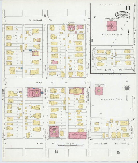 Sanborn Fire Insurance Map from Shawnee, Pottawatomie County, Oklahoma (1919), Sheet #0011 - Historic Sanborn Fire Insurance Map Print, vintage old map wall art, antique decor, genealogy gift, Oklahoma Oklahoma map