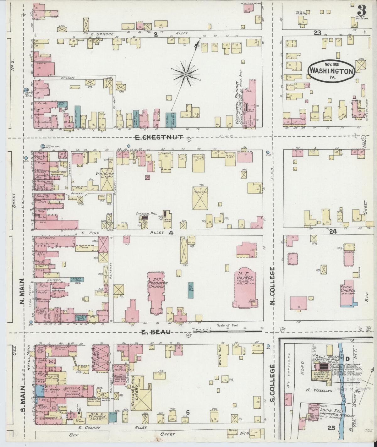 Sanborn Fire Insurance Map from Washington, Washington County, Pennsylvania (1891), Sheet #0003 - Historic Sanborn Fire Insurance Map Print, vintage old map wall art, antique decor, genealogy gift, Pennsylvania Pennsylvania map