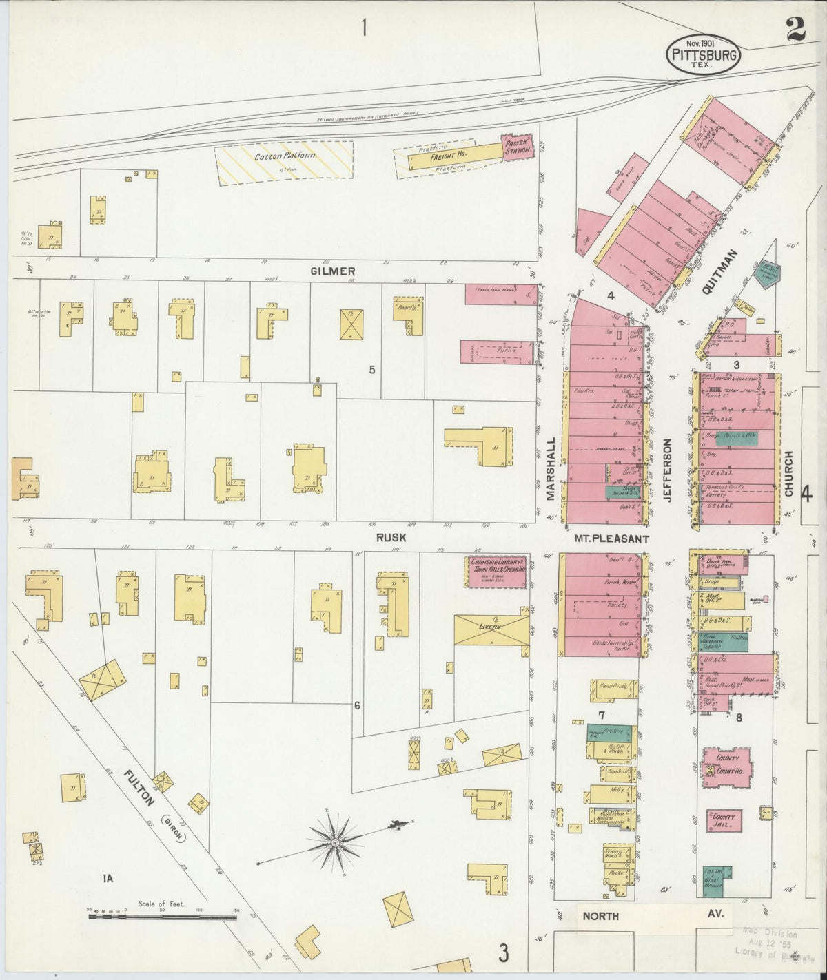 Sanborn Fire Insurance Map from Pittsburg, Camp County, Texas (1901), Sheet #0002 - Complete Map Set gallery image, historic Sanborn map, vintage wall art, Texas Texas