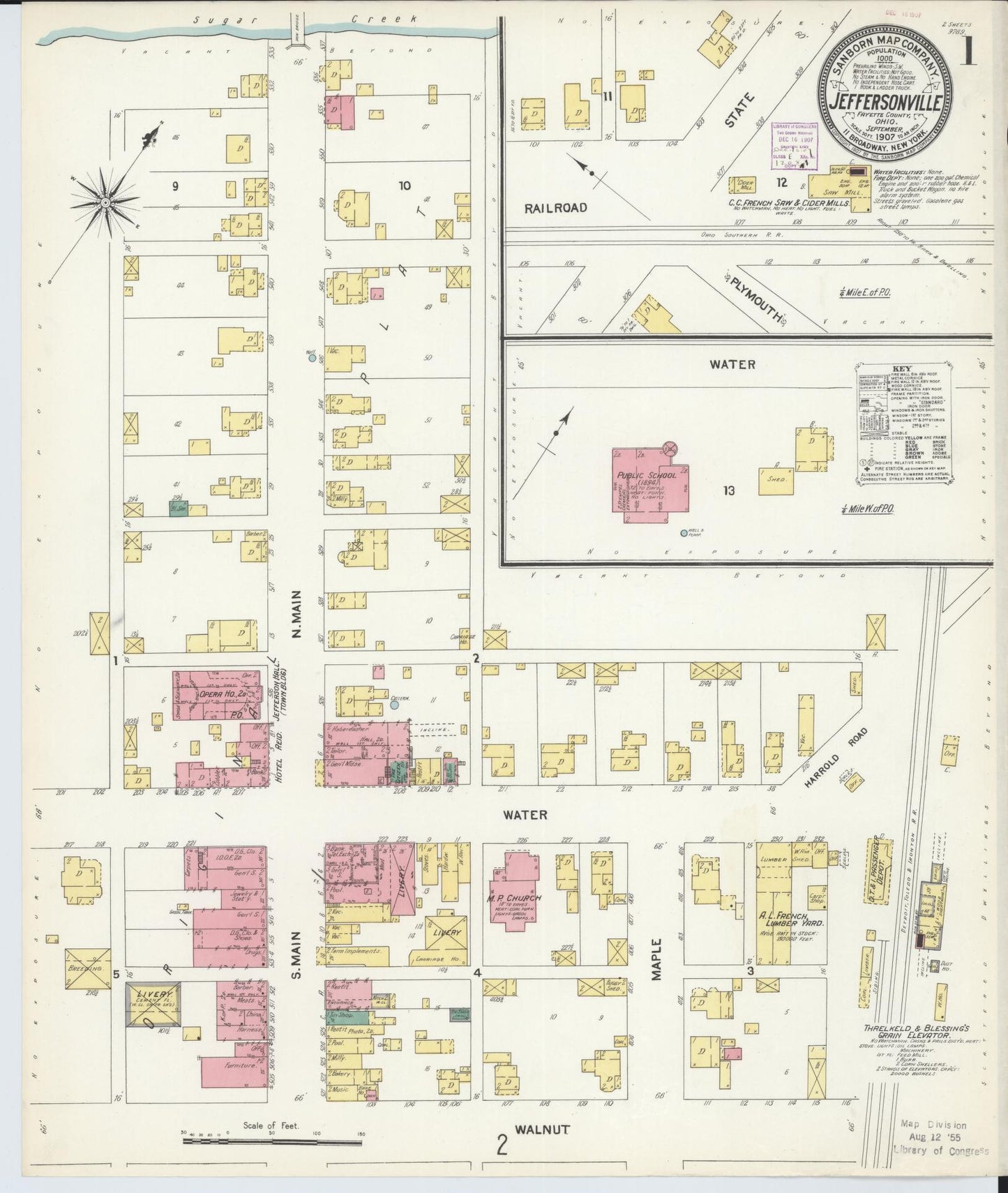Sanborn Fire Insurance Map from Jeffersonville, Fayette County, Ohio (1907), Sheet #0001 - Historic Sanborn Fire Insurance Map Print, vintage old map wall art, antique decor, genealogy gift, Ohio Ohio map