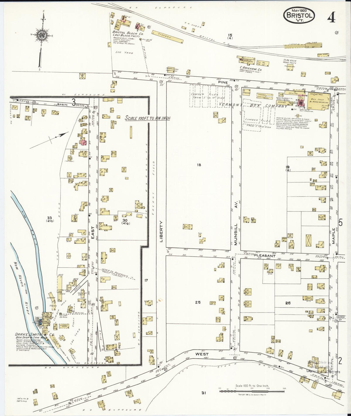 Sanborn Fire Insurance Map from Bristol, Addison County, Vermont (1920), Sheet #0004 - Historic Sanborn Fire Insurance Map Print, vintage old map wall art, antique decor, genealogy gift, Vermont Vermont map