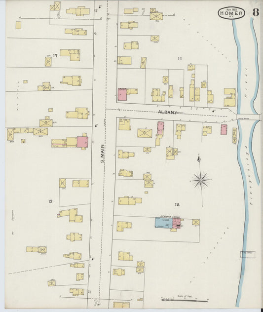 Sanborn Fire Insurance Map from Homer, Cortland County, New York (1893), Sheet #0008 - Historic Sanborn Fire Insurance Map Print, vintage old map wall art, antique decor, genealogy gift, New York New York map